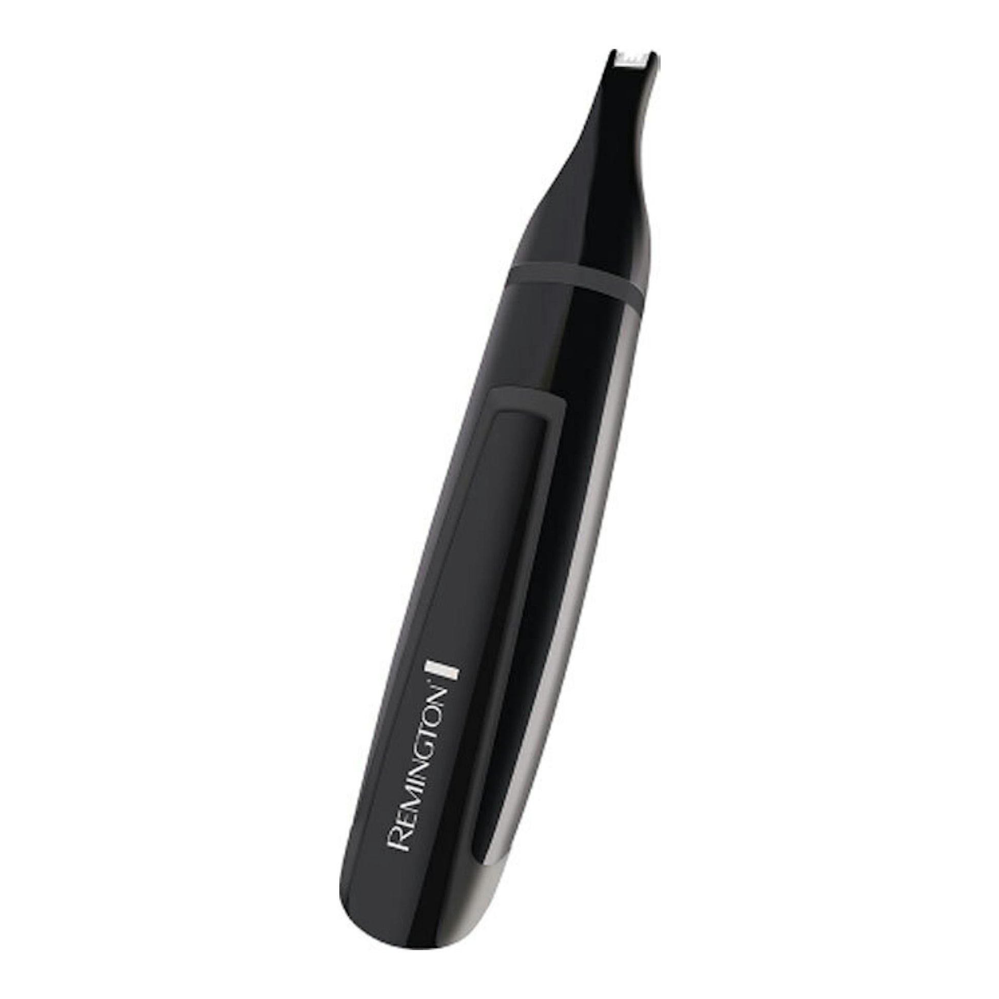 Recortadora de nariz Remington NE3150 negra, vista frontal en ángulo sobre fondo blanco.