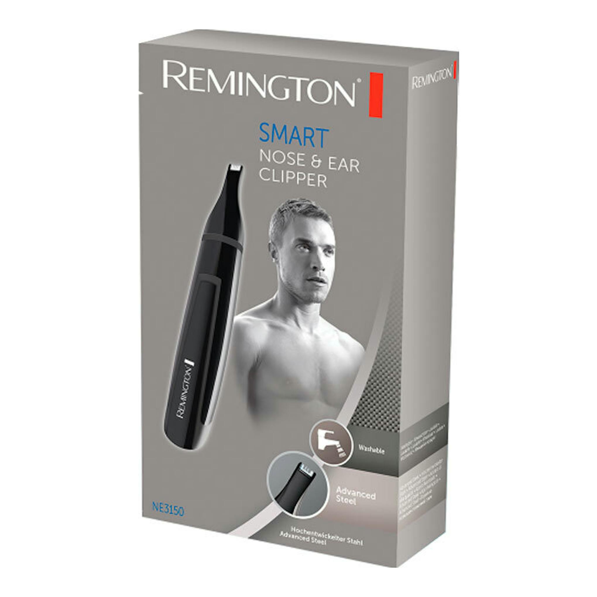Caja gris del cortapelos de nariz y orejas Remington NE3150, vista frontal en ángulo.