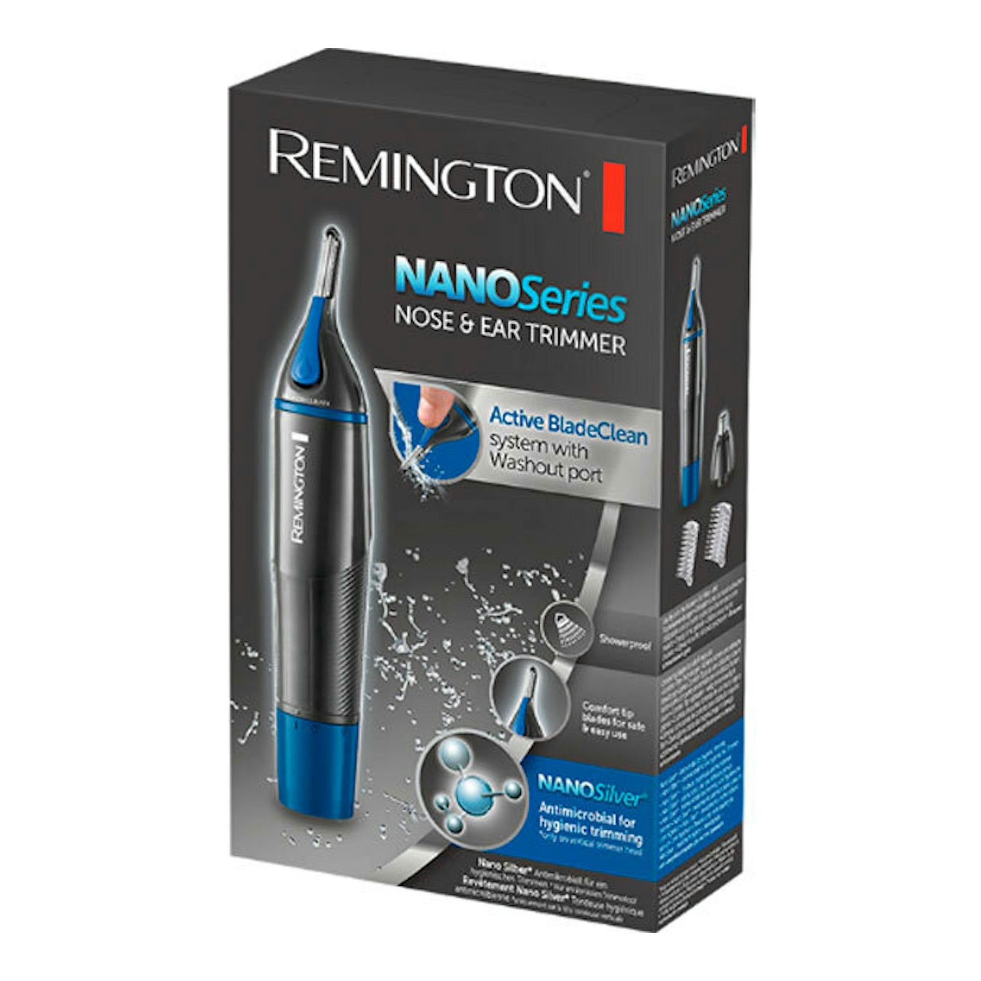 Caja de Remington NE3850 NanoSeries para nariz y orejas, vista frontal en negro y azul.