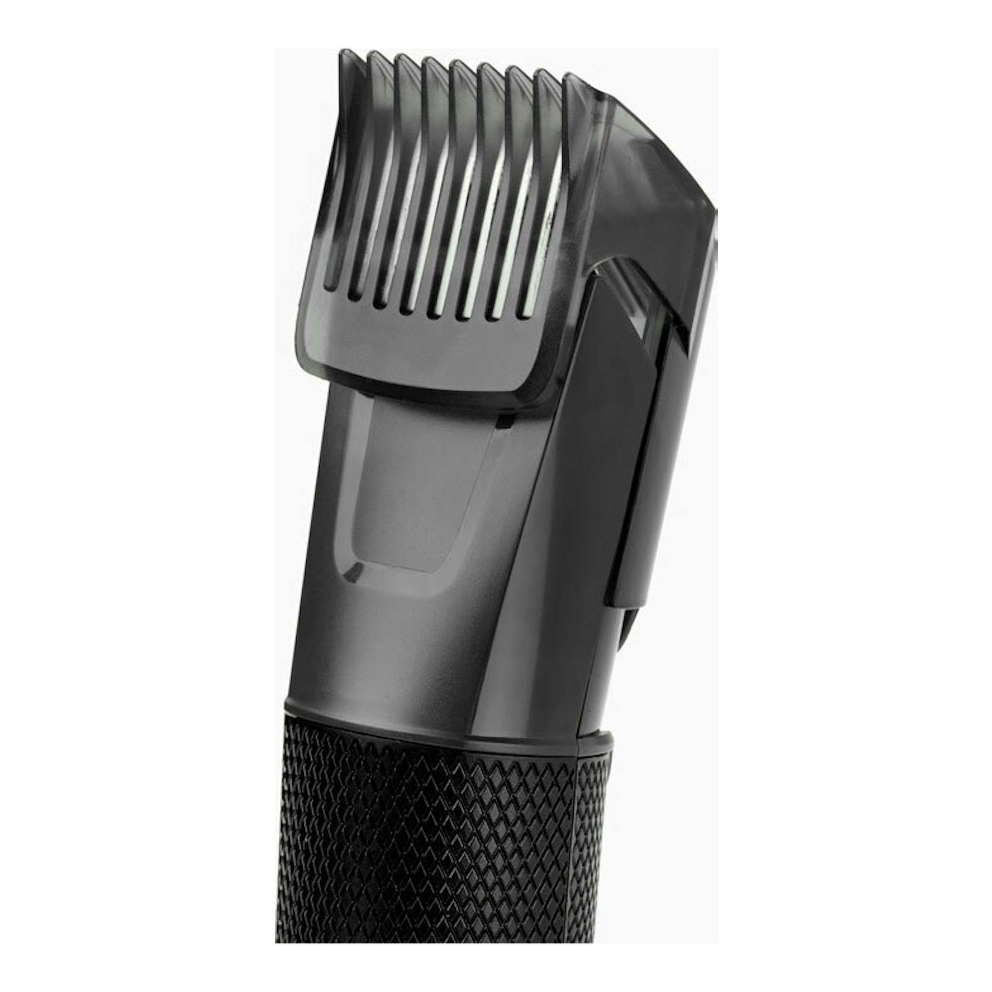 Cortapelo Babyliss E756E negro y gris, vista frontal en tres cuartos, con peine guía, sobre fondo blanco.
