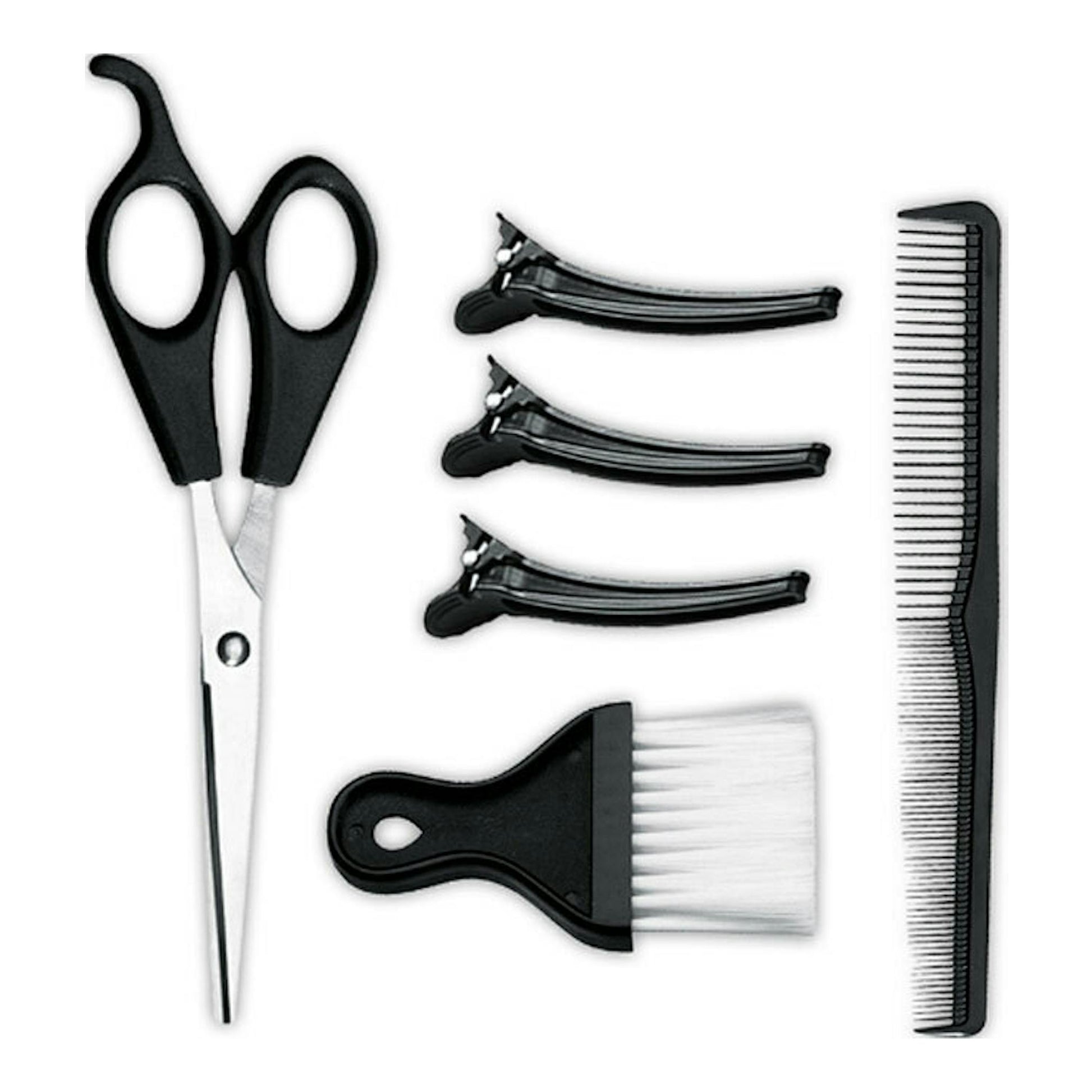 Kit Remington HC450 cromado con tijeras, 3 pinzas, peine y cepillo sobre fondo blanco.