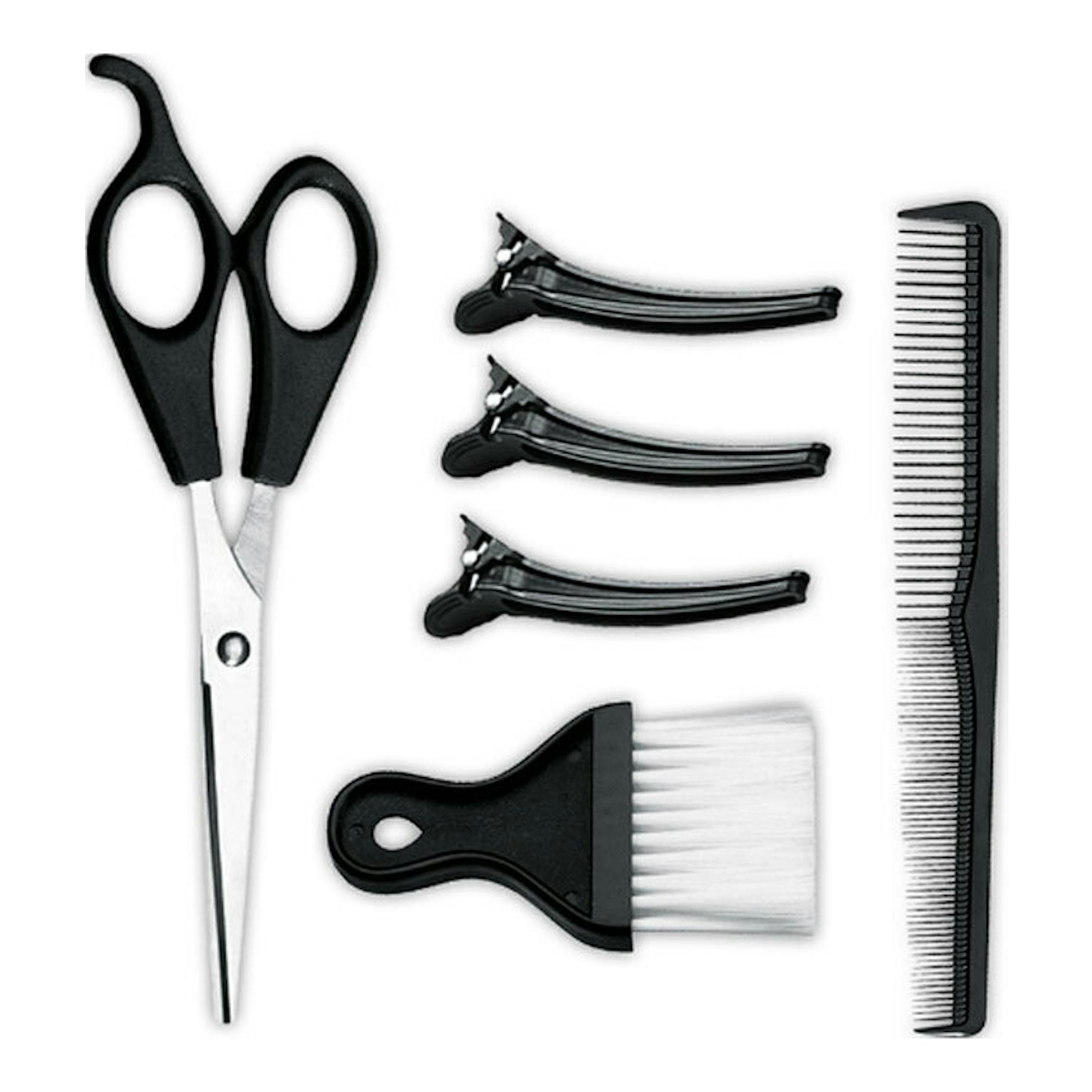 Kit Remington HC450 cromado con tijeras, 3 pinzas, peine y cepillo sobre fondo blanco.