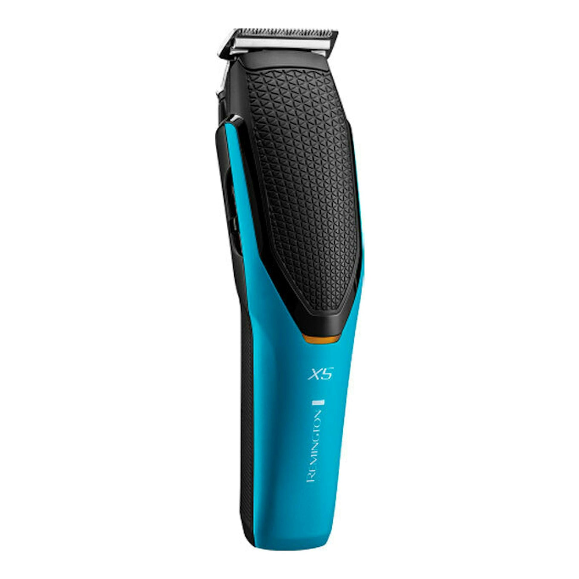 Cortapelos Remington HC5000 azul, vista frontal, con cuerpo negro y detalles turquesa.