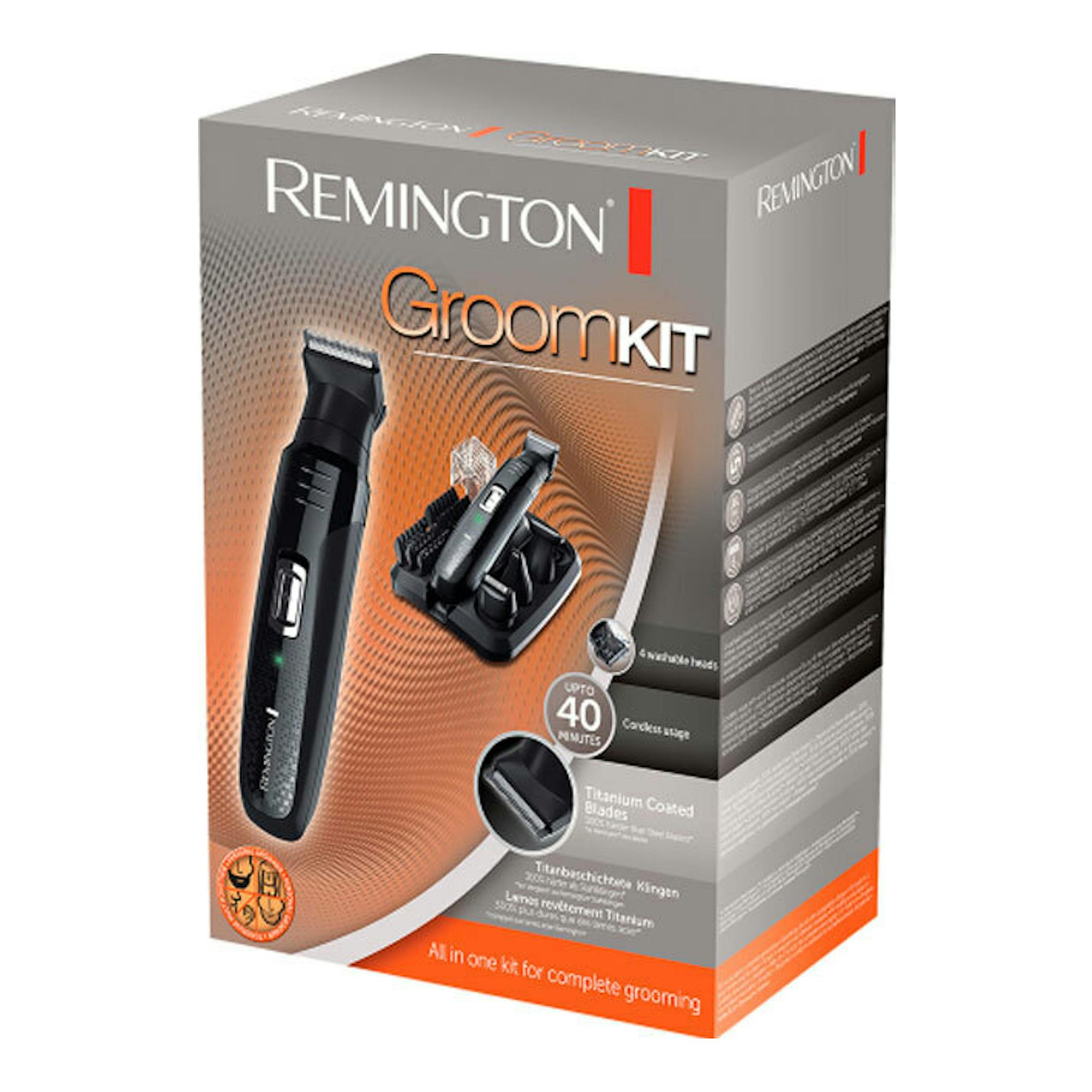 Caja del cortapelos Remington PG6130 GroomKit negra, vista en 3/4 de la caja.