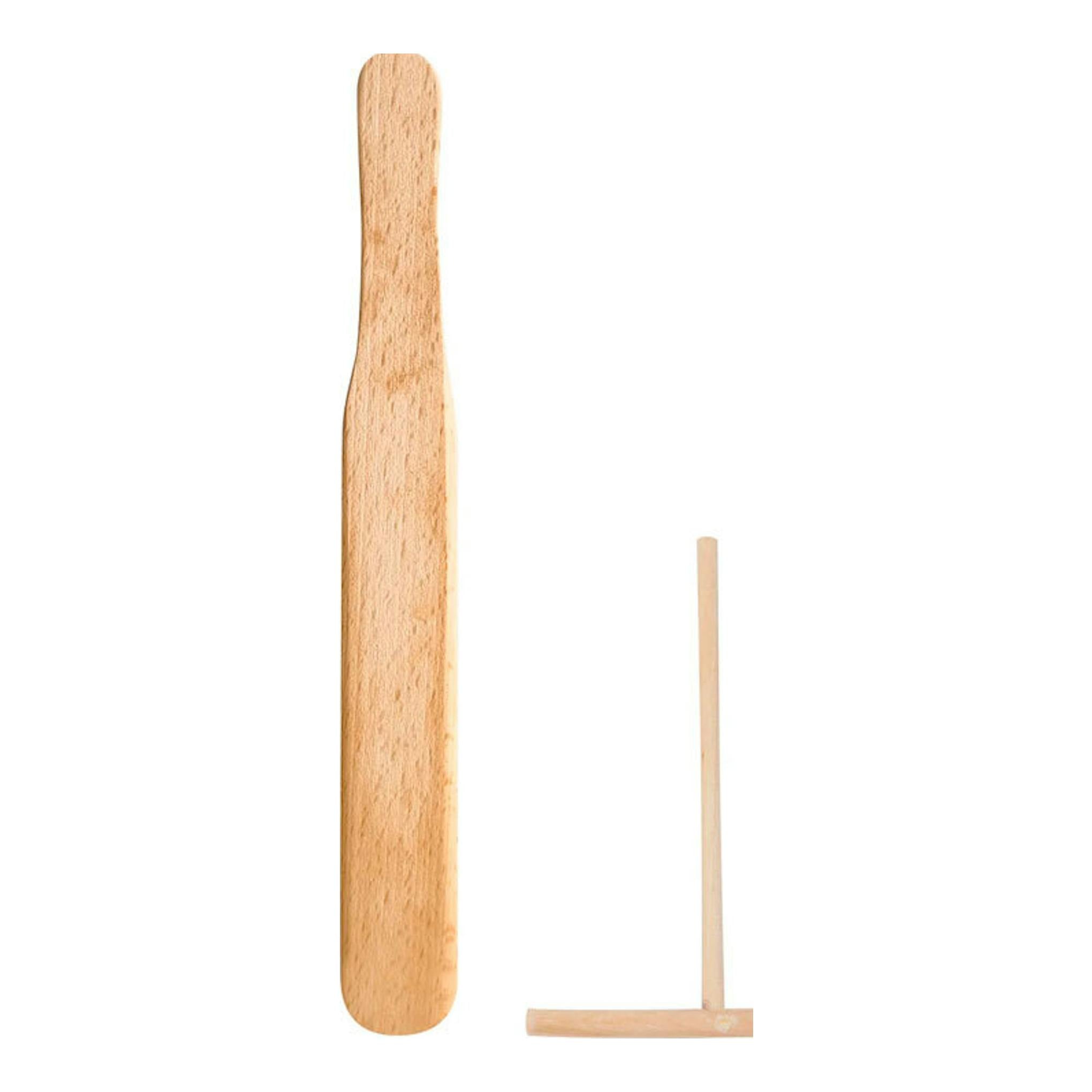 Taurus Crepe & Fun: utensilios de madera para crepes, vista frontal y lateral, sobre fondo blanco.