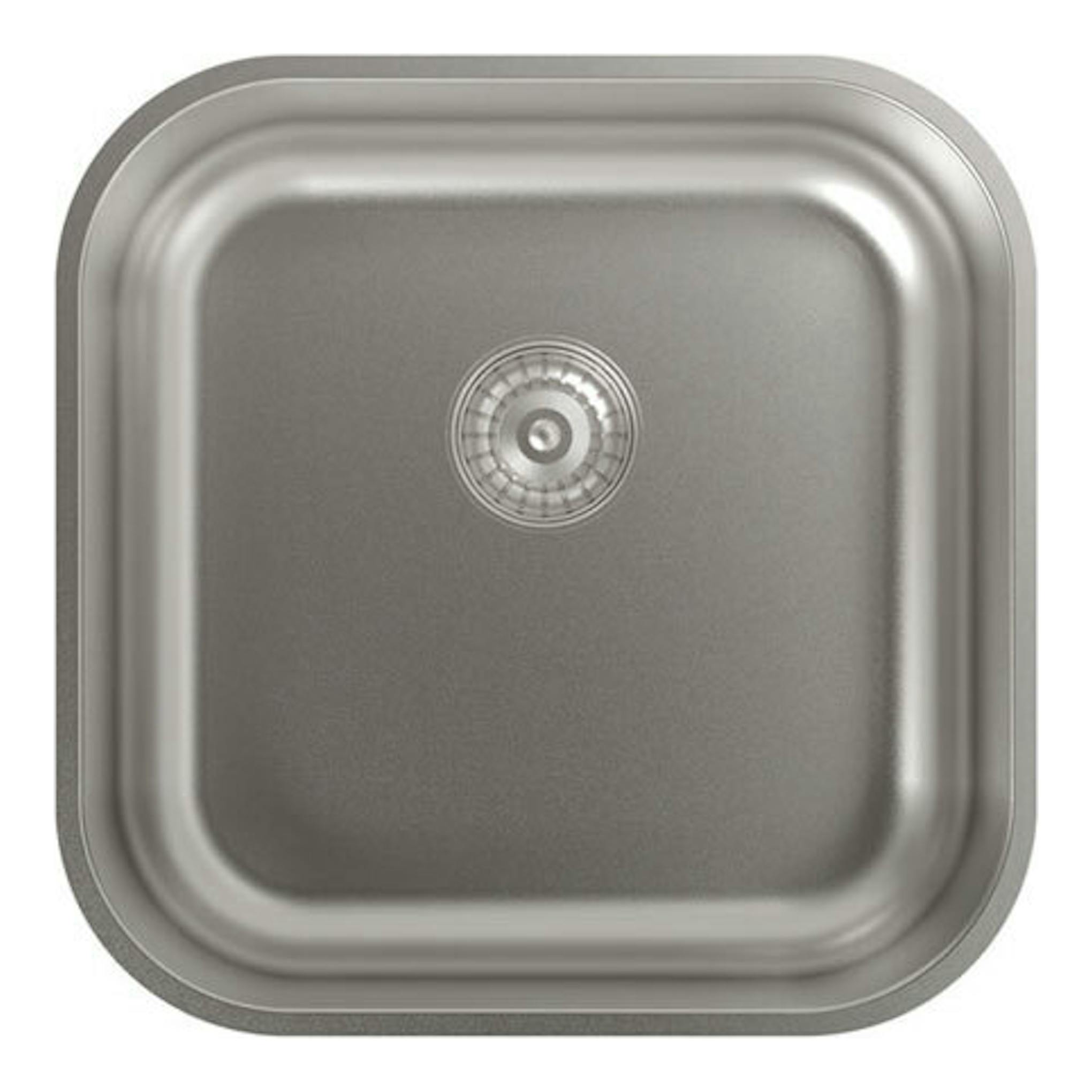 Fregadero Cata CB 40-40/D de acero inoxidable, vista superior, cubeta cuadrada con desagüe central.