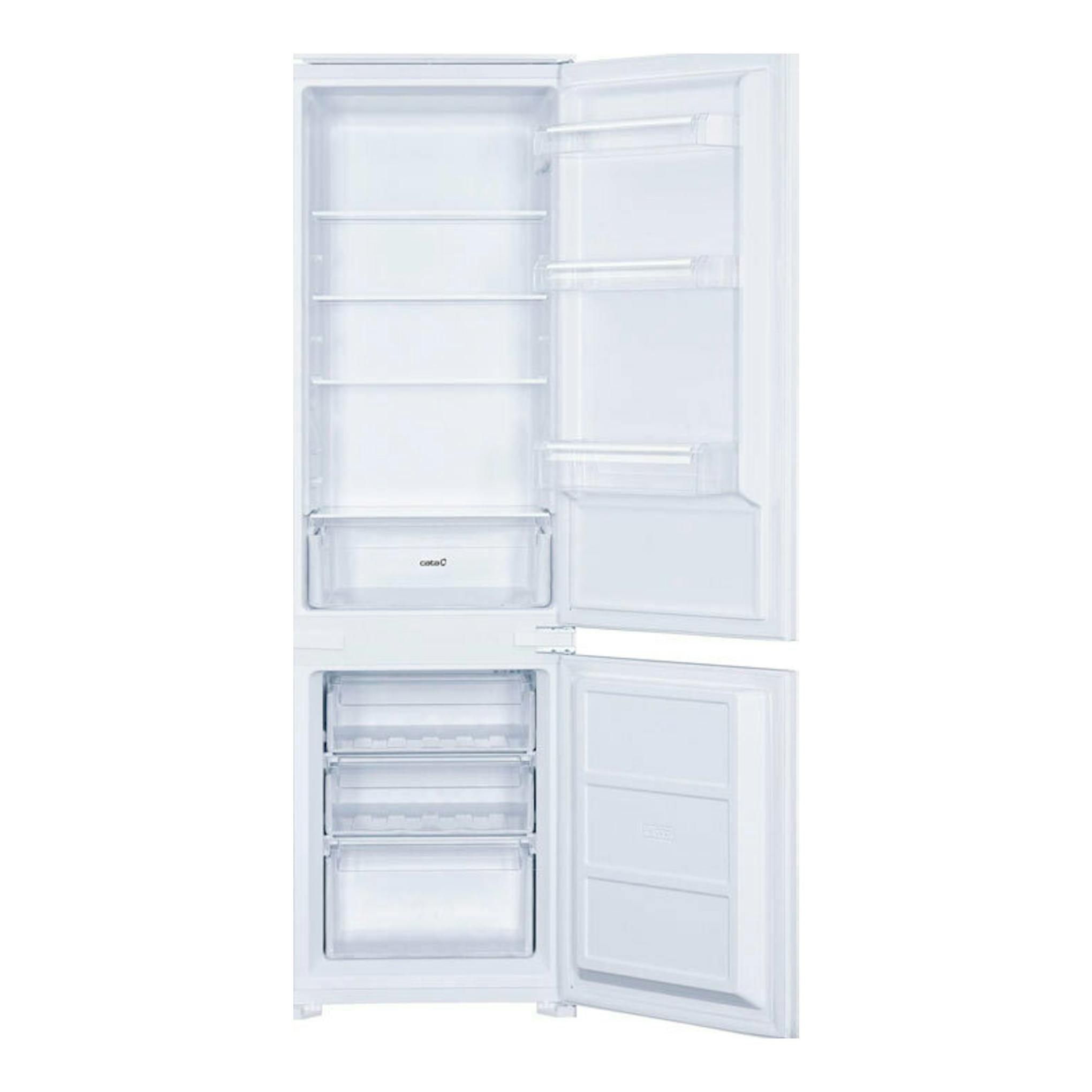 Frigorífico combi integrable Cata CI54177ST/D, puerta abierta, vista frontal del interior en blanco.
