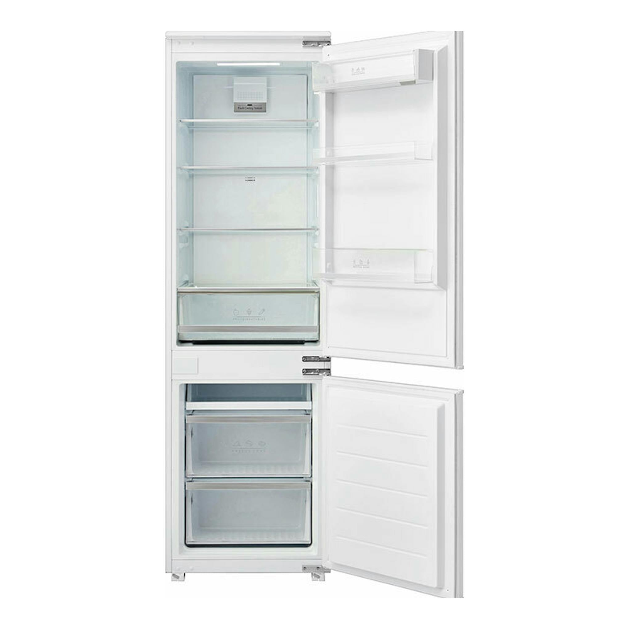 Frigorífico combi integrable Cata CI54177NF/D blanco, vista frontal con puertas abiertas y cajones visibles.