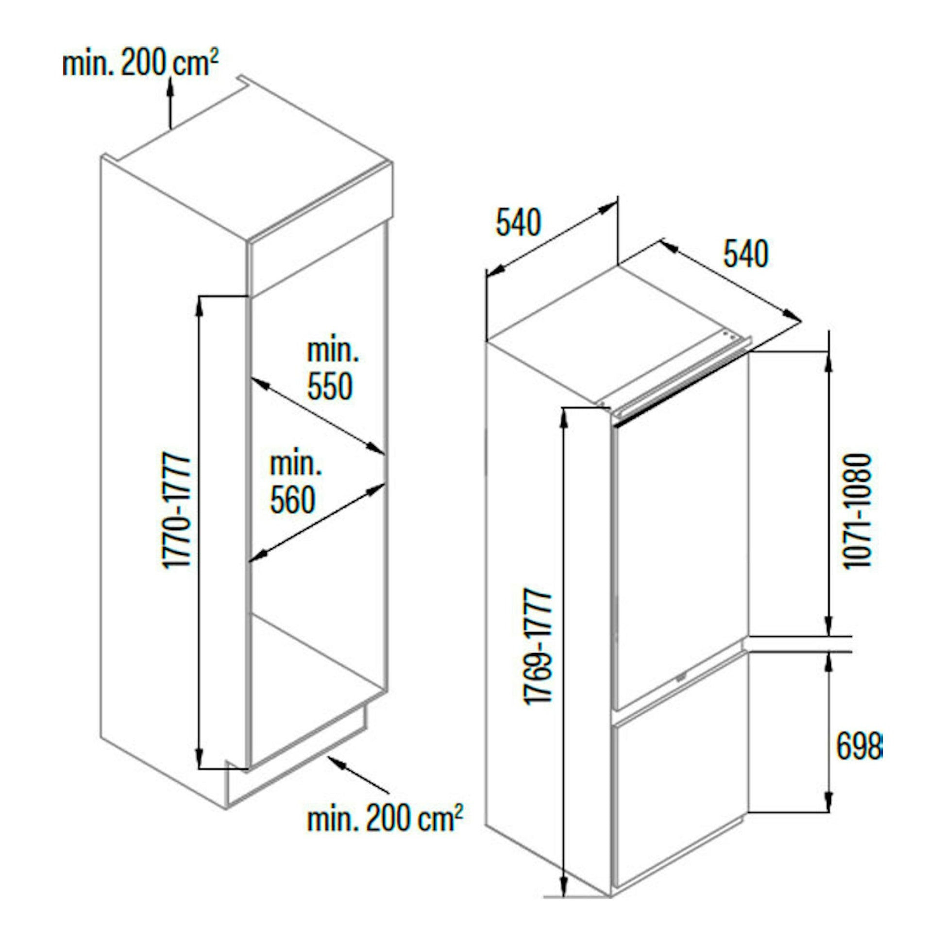 Cata CI54177ST/D, esquema técnico de frigorífico combi integrable en vista isométrica con medidas 540×540×1777 mm.