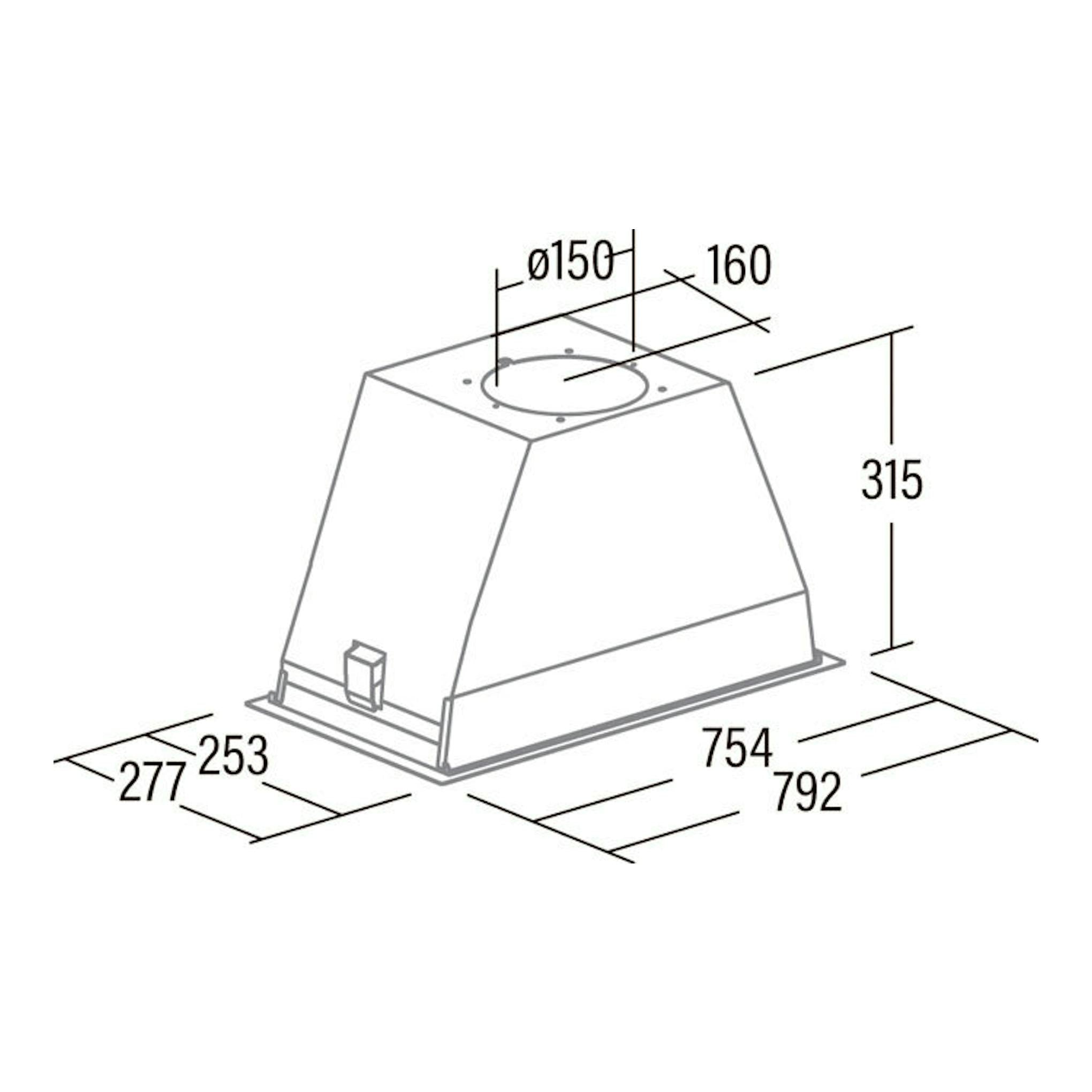 Dibujo técnico del grupo filtrante Cata GL75X/D inox, vista isométrica, con medidas 754/792 x 253/277 x 315 mm.