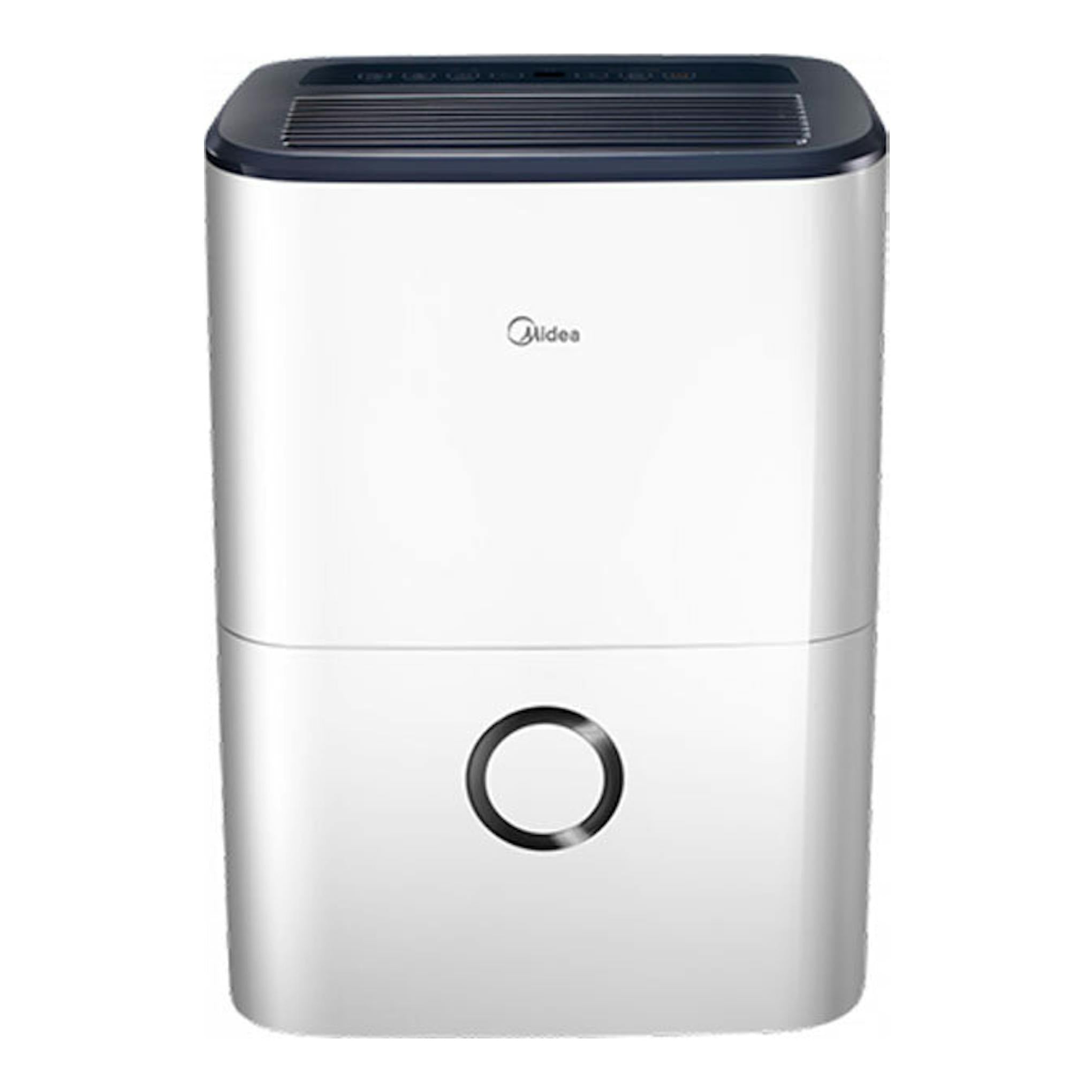 Deshumidificador Midea MDDFR-20DEN7-QA3-W blanco, vista frontal, con rejilla superior y depósito circular.
