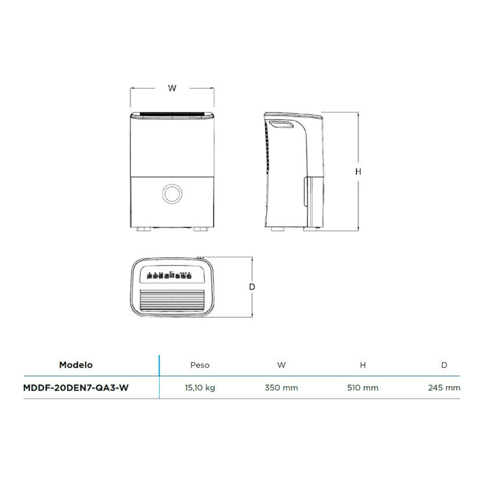 Deshumidificador Midea MDDF-20DEN7-QA3-W, vistas frontal, lateral y superior con medidas.