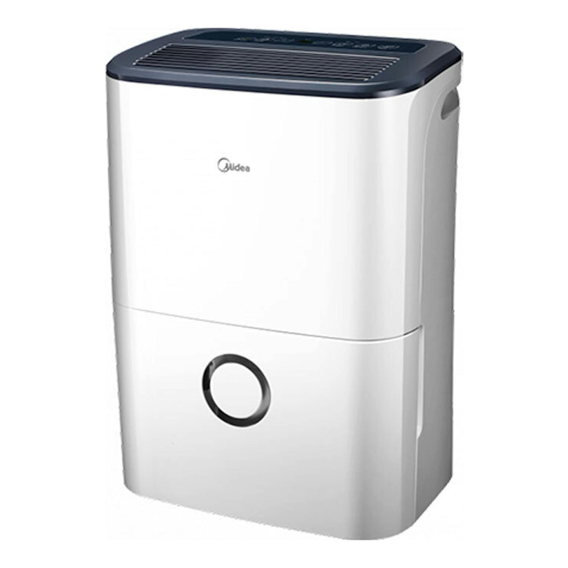 Deshumidificador Midea MDDFR-20DEN7-QA3-W blanco, vista frontal en ángulo, con panel superior negro.