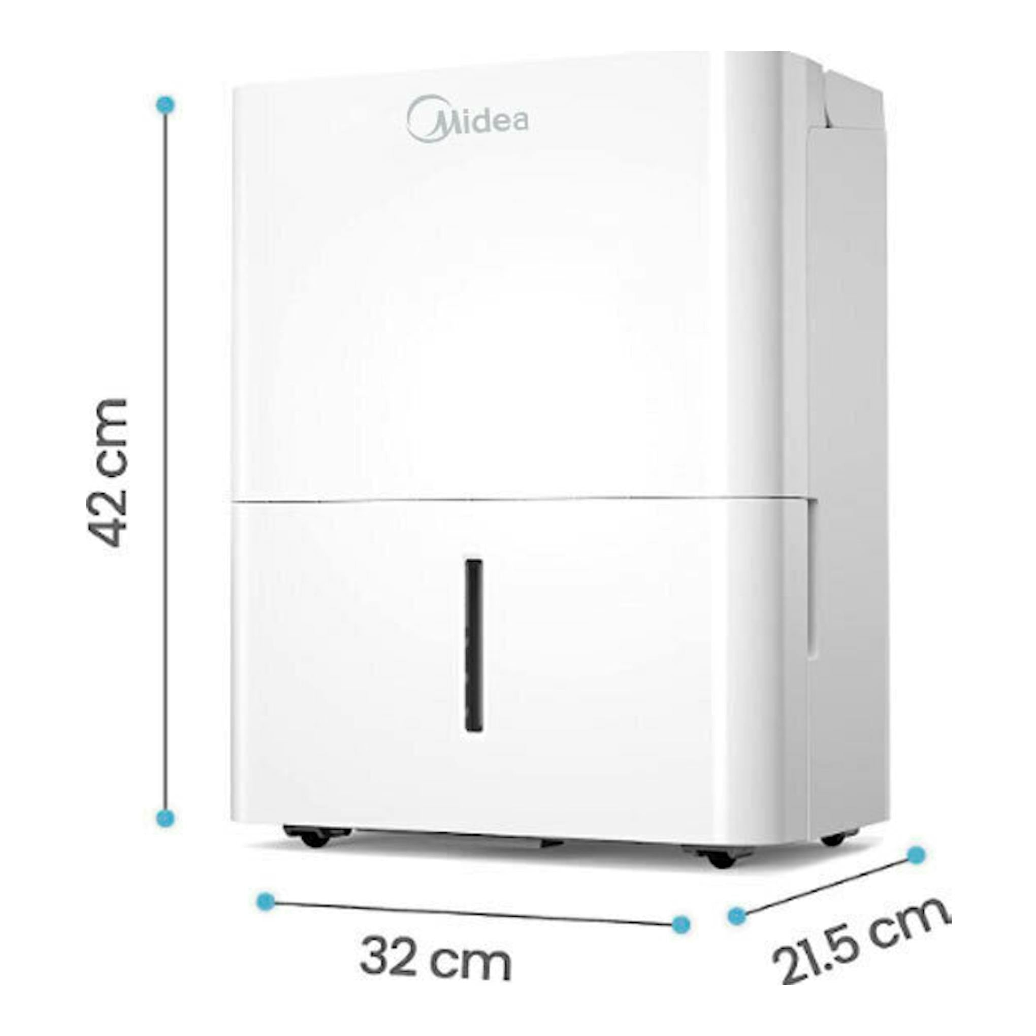 Deshumidificador Midea MDDN-12DEN7-QA3-C blanco, vista frontal en ángulo, con medidas 42 x 32 x 21,5 cm.