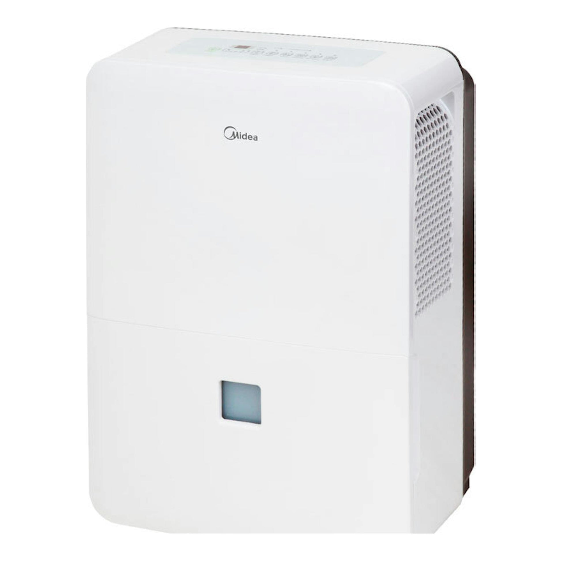 Deshumidificador Midea MDDP-50DEN7-QA3-B blanco, vista frontal en ángulo derecho.