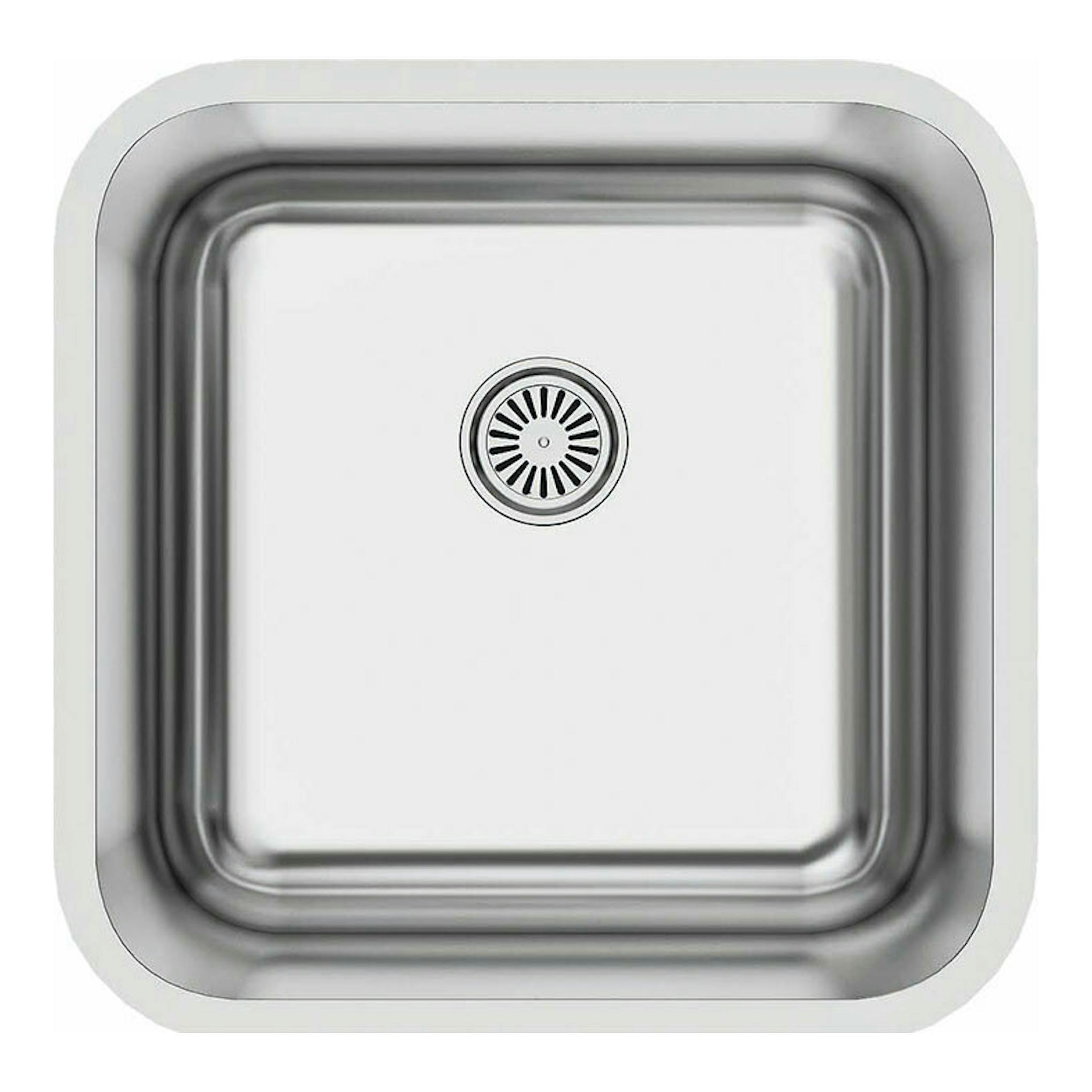 Fregadero Cata CB4040/E inox, vista cenital, acero inoxidable con desagüe centrado.
