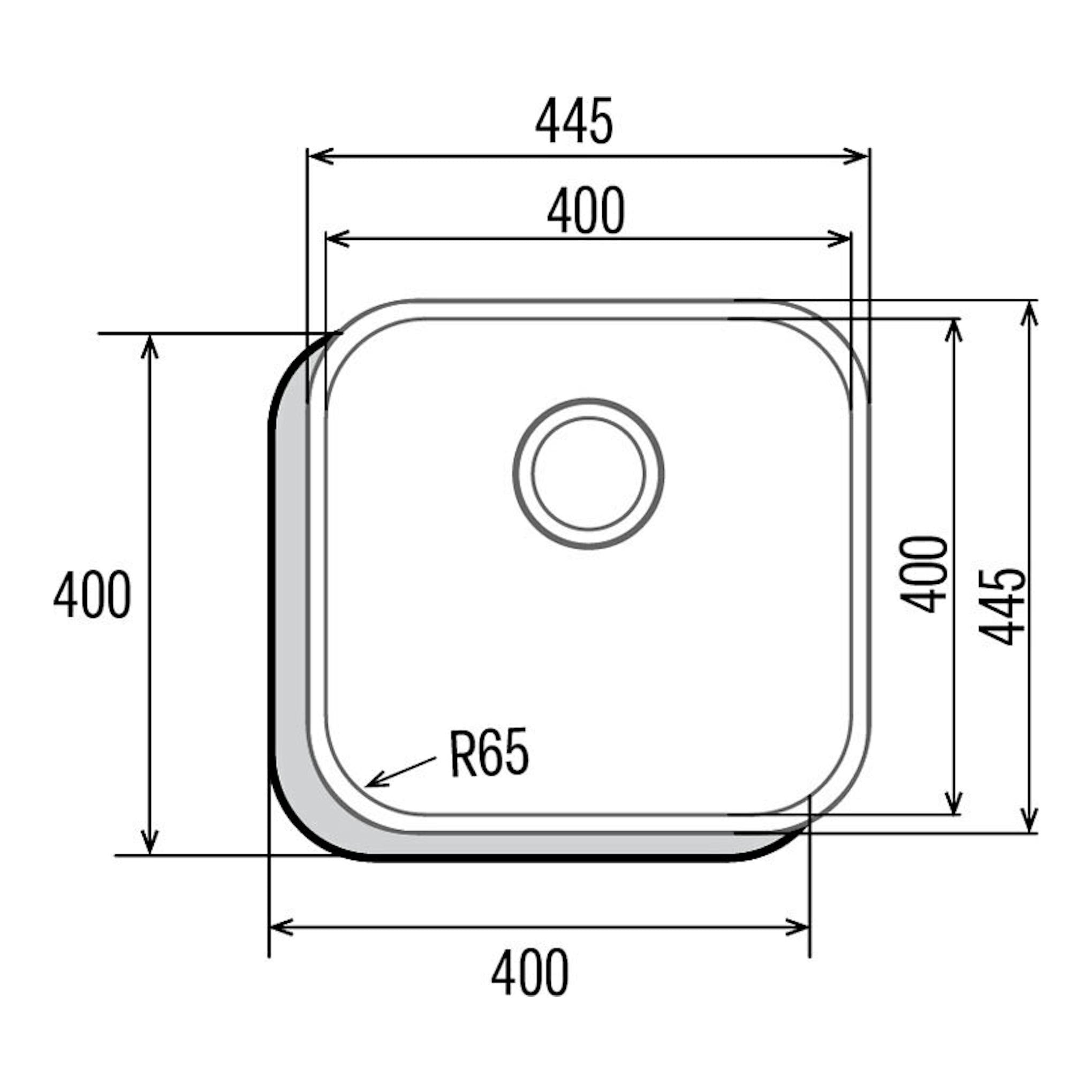 Cata CB4040/E Inox: plano en vista superior de fregadero cuadrado de acero inoxidable, 445 x 445 mm.