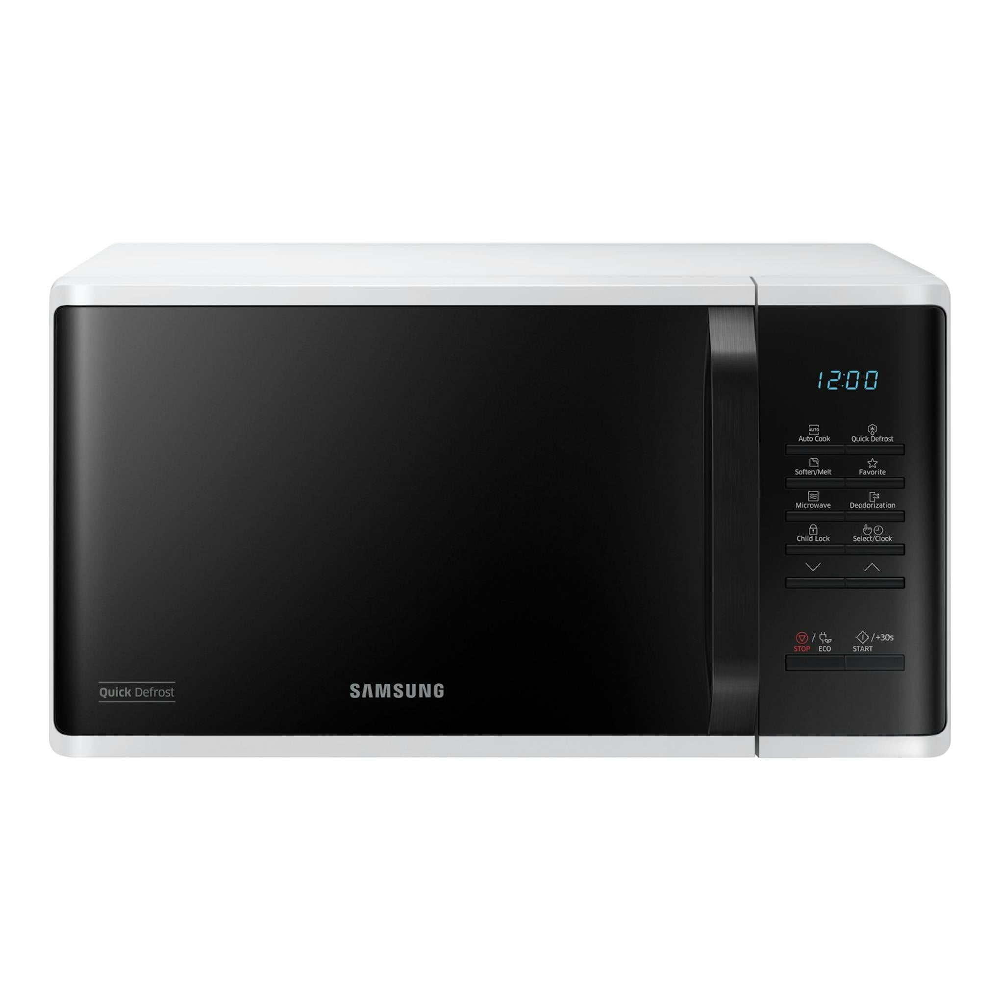 Microondas Samsung MS23K3513AW/EC, vista frontal, blanco y negro, con panel digital a la derecha.
