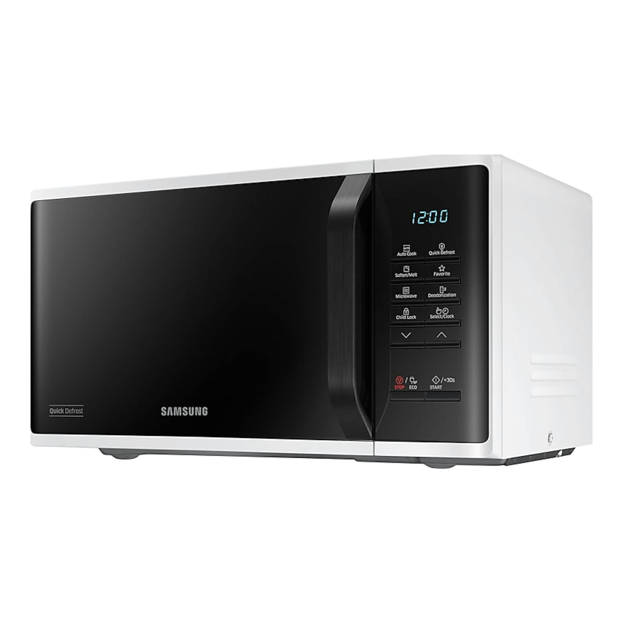 Microondas Samsung MS23K3513AW/EC blanco, vista frontal en tres cuartos, puerta negra y panel digital.