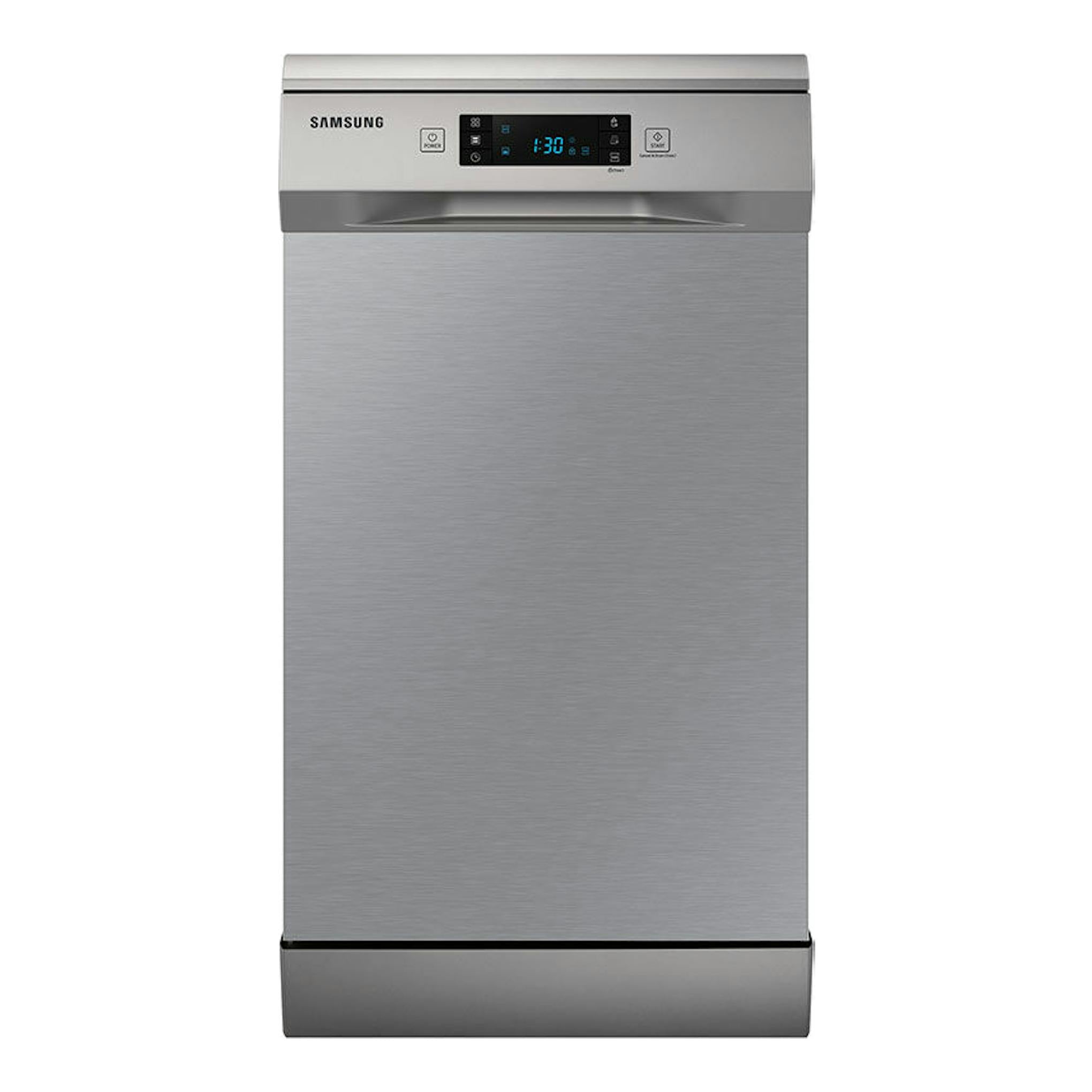 Lavavajillas Samsung DW50R4070FS/EC de acero inoxidable, vista frontal, con panel digital.