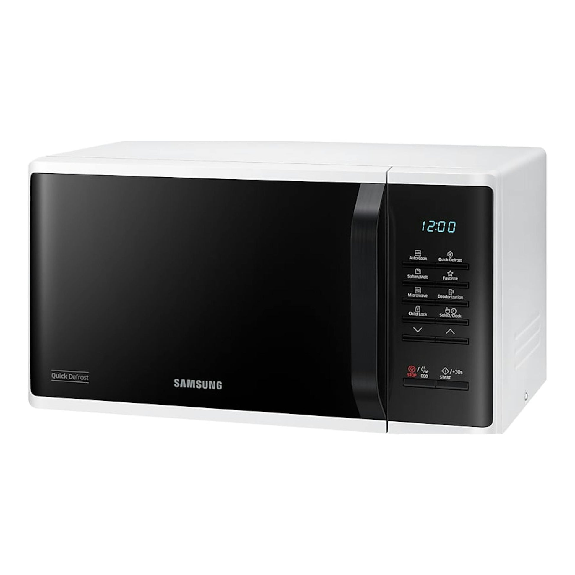 Microondas Samsung MS23K3513AW/EC blanco, vista frontal en ángulo, con panel negro y display digital.