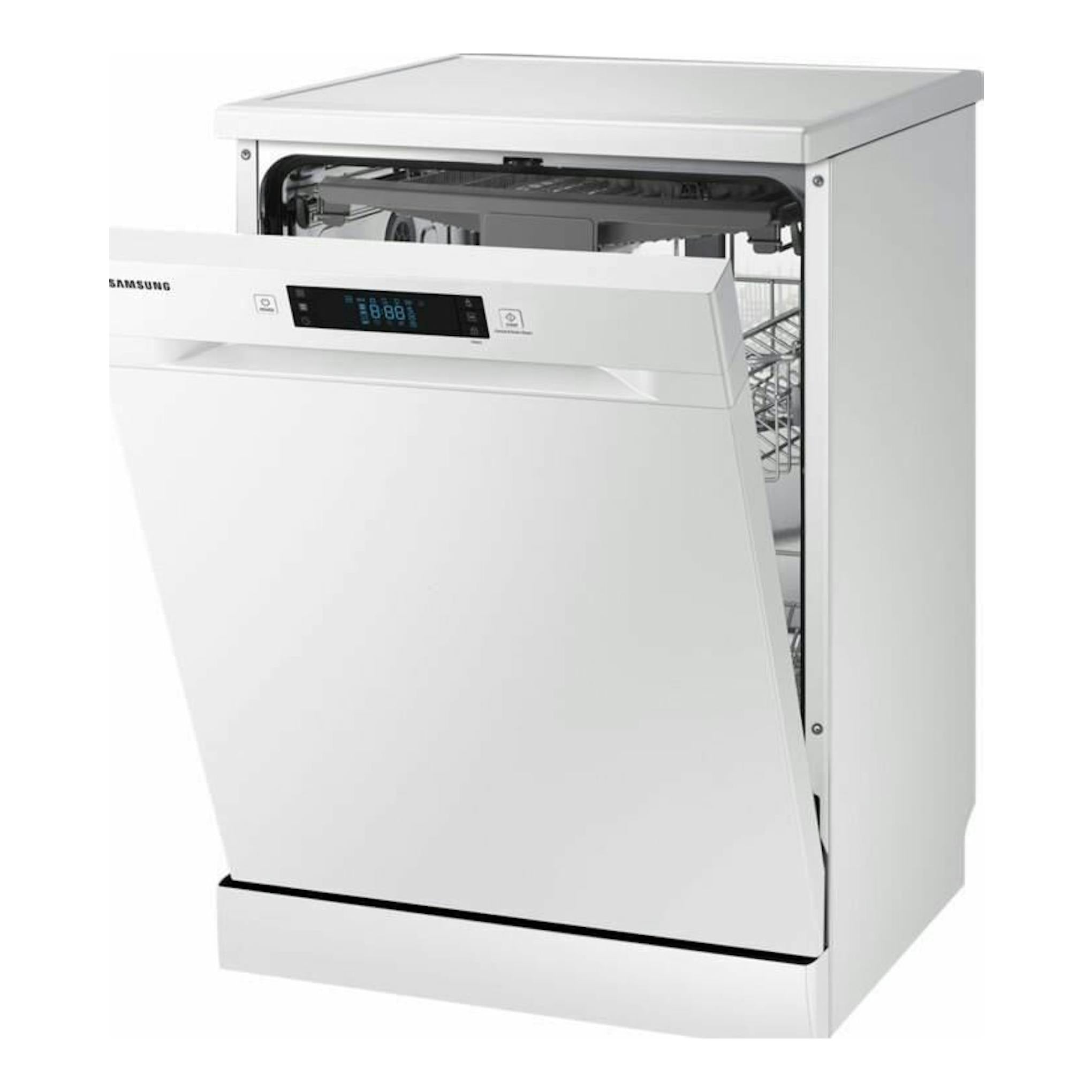 Lavavajillas Samsung DW60M6050FW/EC blanco, vista frontal en 3/4 con puerta abierta.