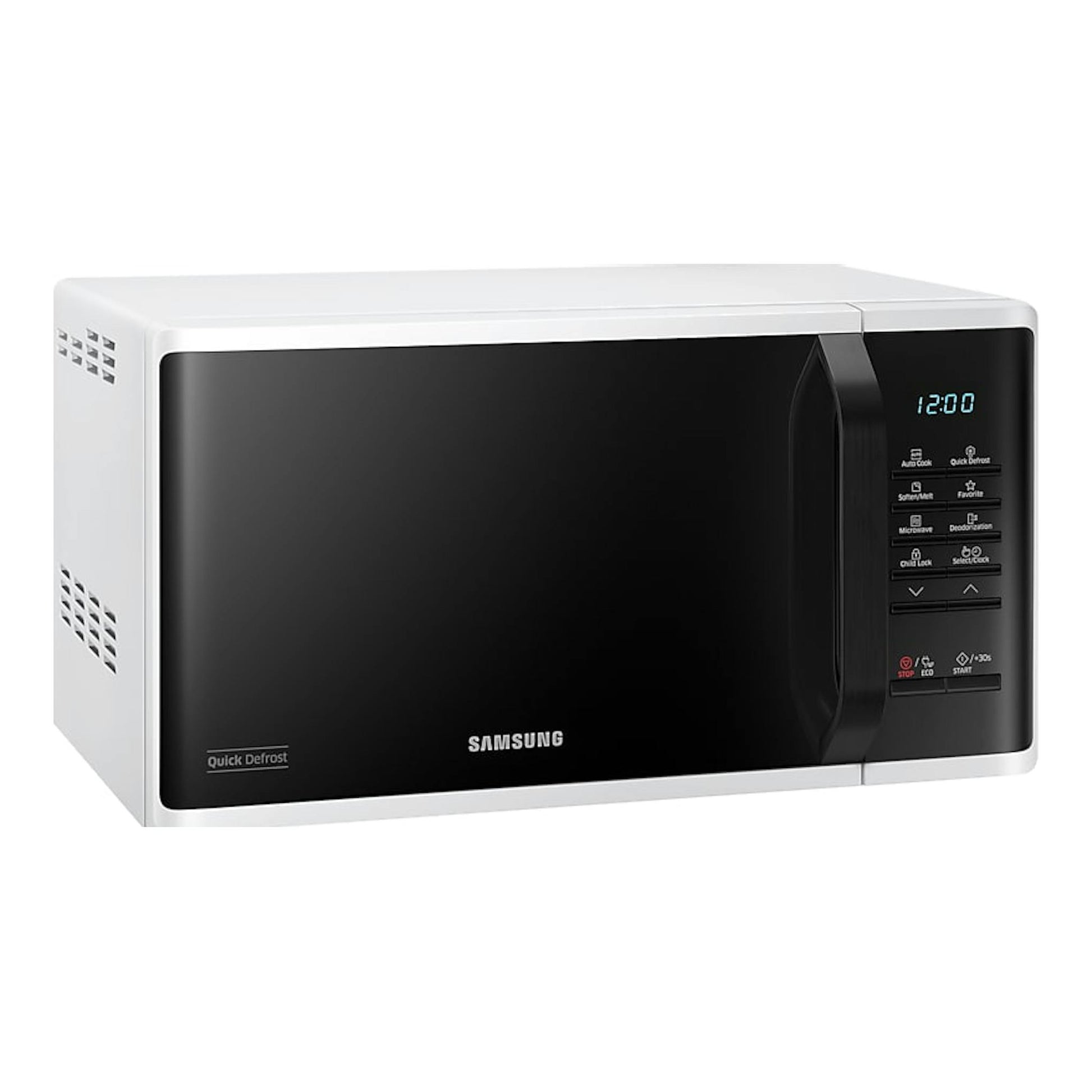 Microondas Samsung MS23K3513AW/EC blanco, vista frontal con puerta negra y panel digital.