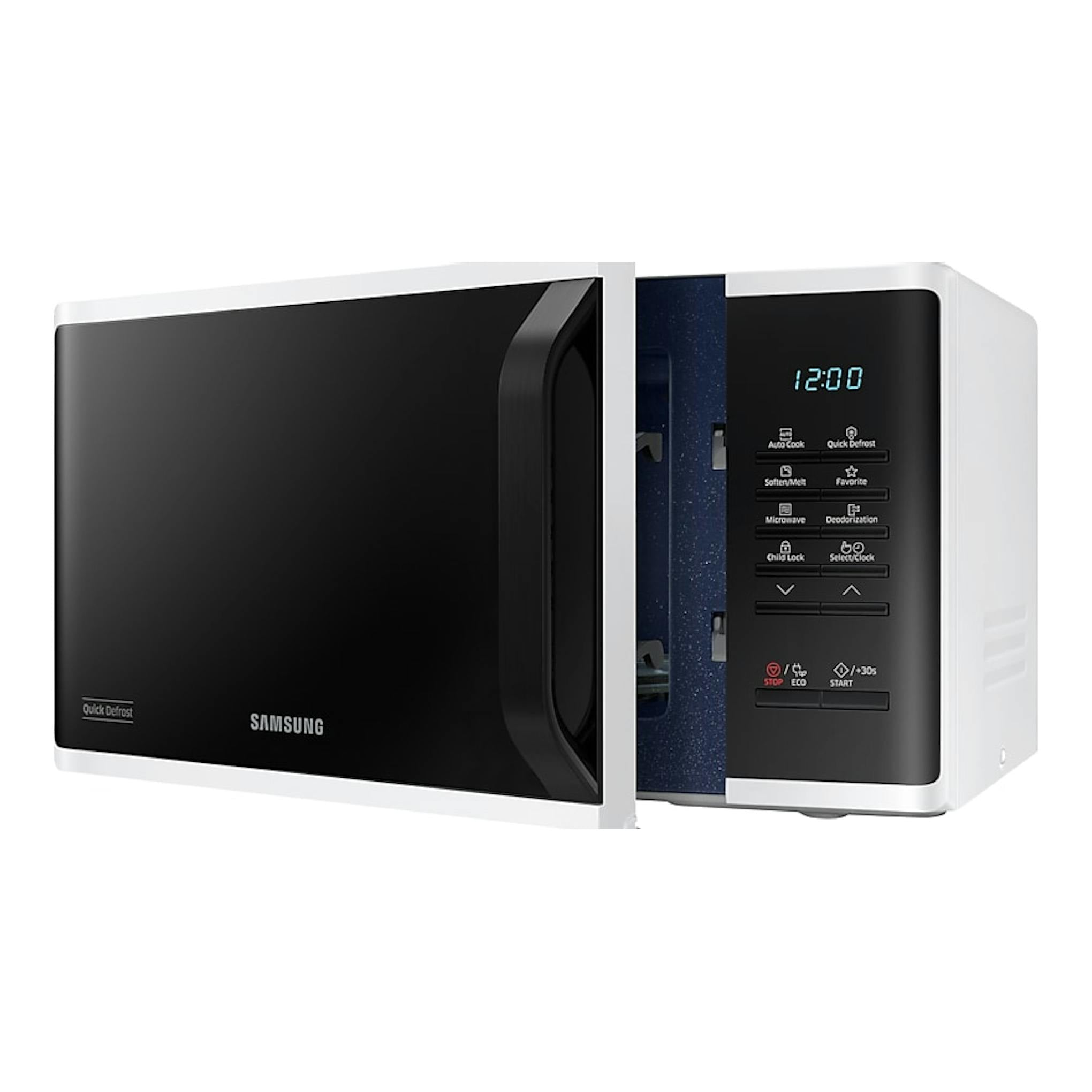 Microondas Samsung MS23K3513AW/EC blanco, vista frontal en tres cuartos, con puerta negra abierta y panel digital.