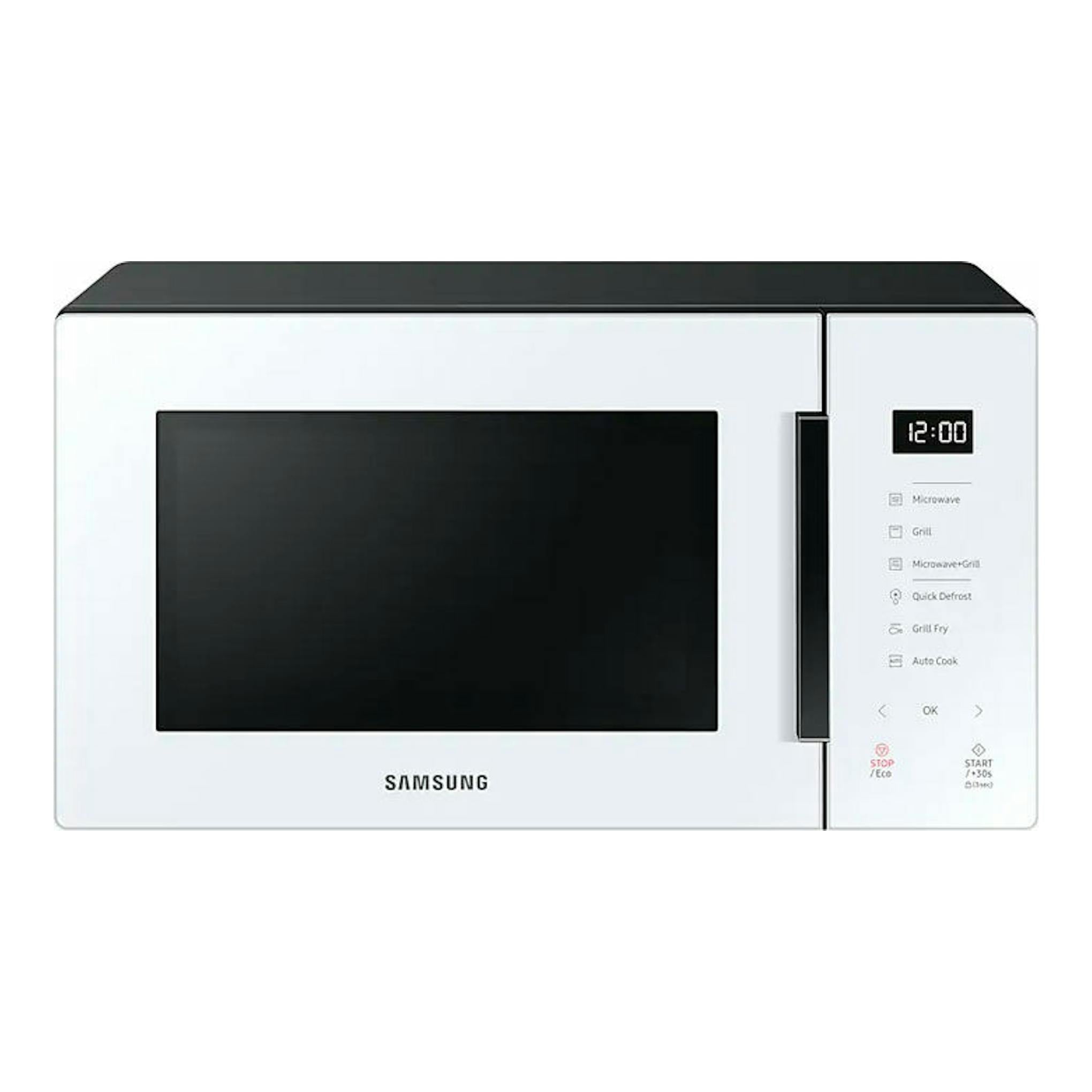 Microondas Samsung MG23T5018CW/EC blanco, vista frontal, con pantalla y panel de control a la derecha.