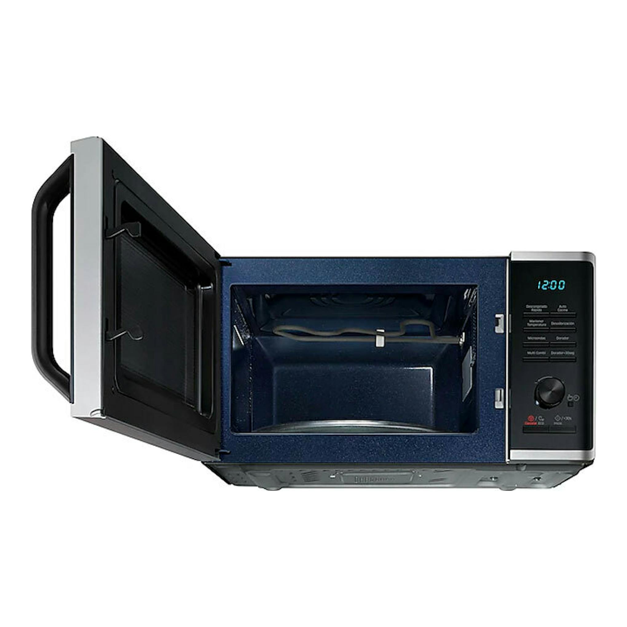 Microondas Samsung MG23K3515AS/EC inox, vista frontal con la puerta abierta y panel negro a la derecha.