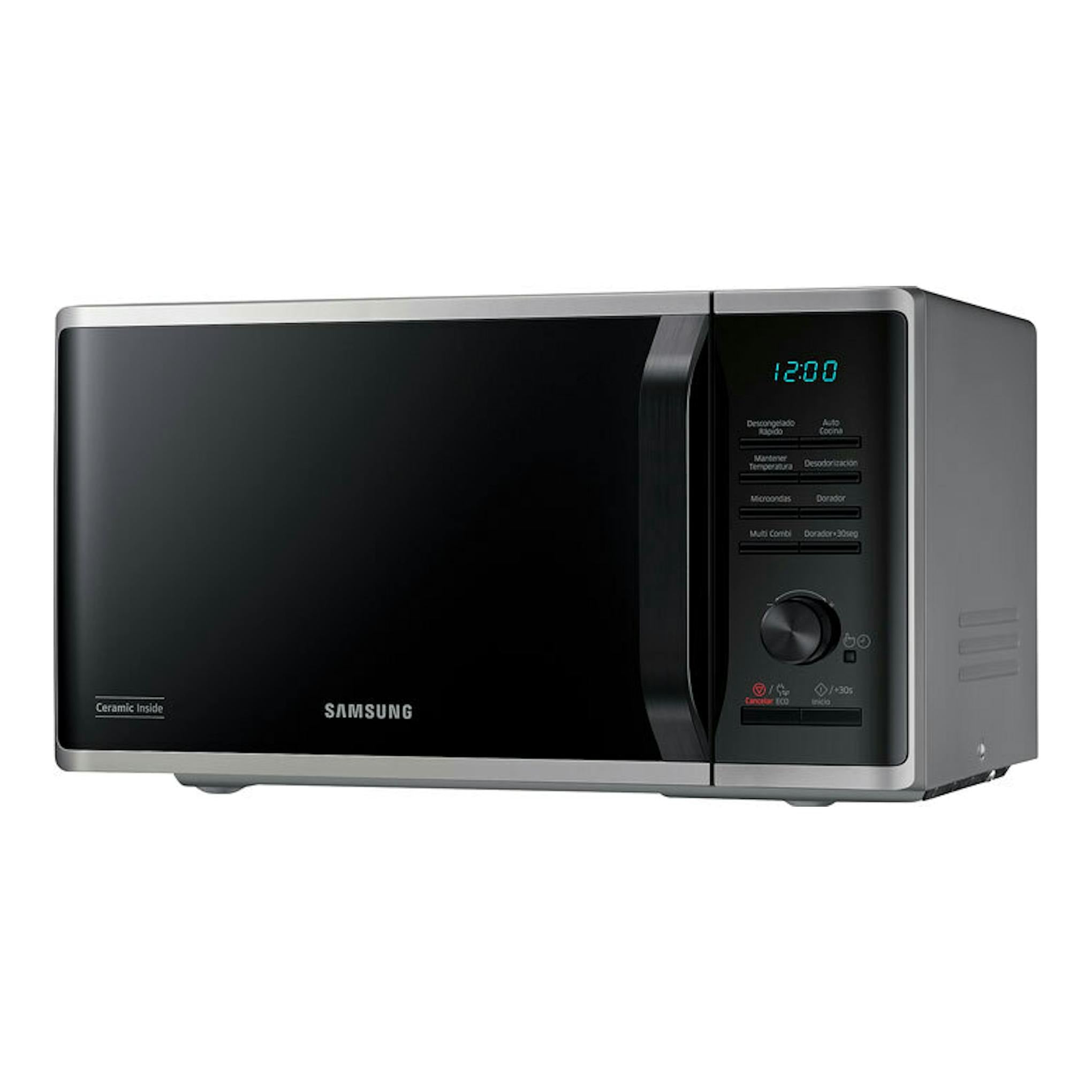 Microondas Samsung MG23K3515AS/EC en inox y negro, vista frontal derecha, con panel digital.