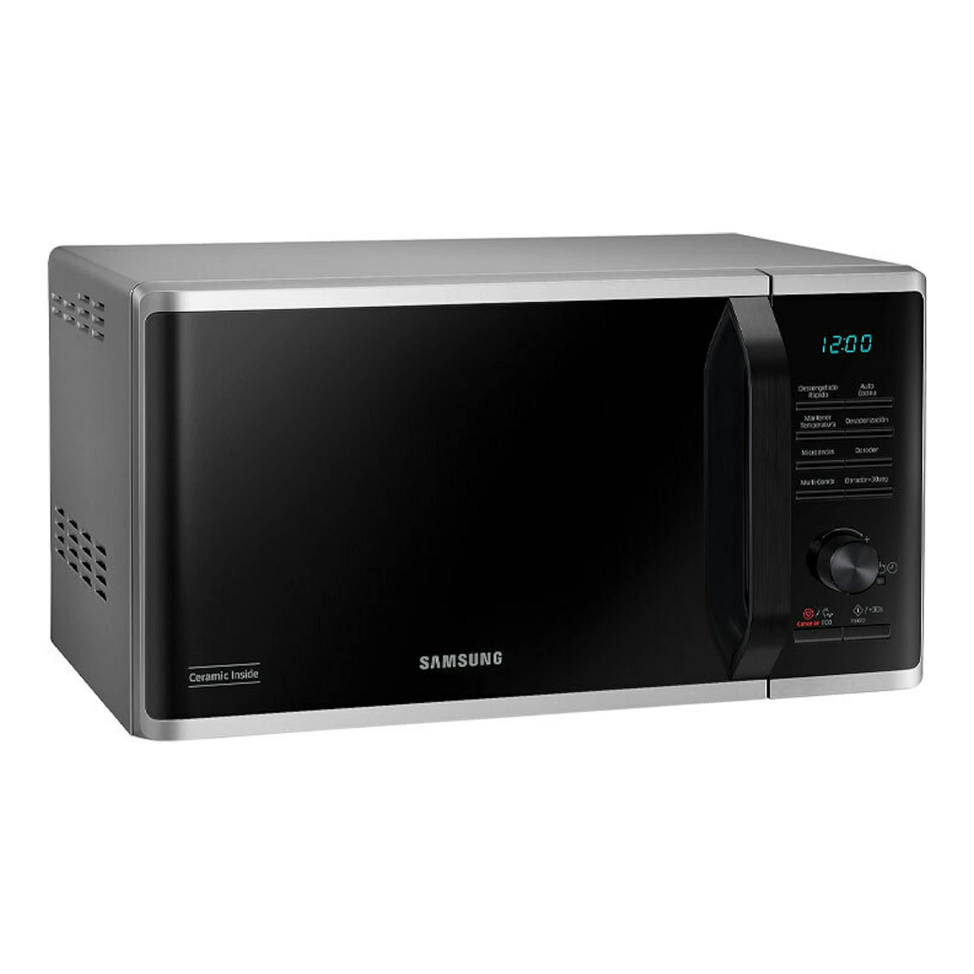 Microondas Samsung MG23K3515AS/EC inox, vista frontal en ángulo, puerta negra y panel de controles derecho.