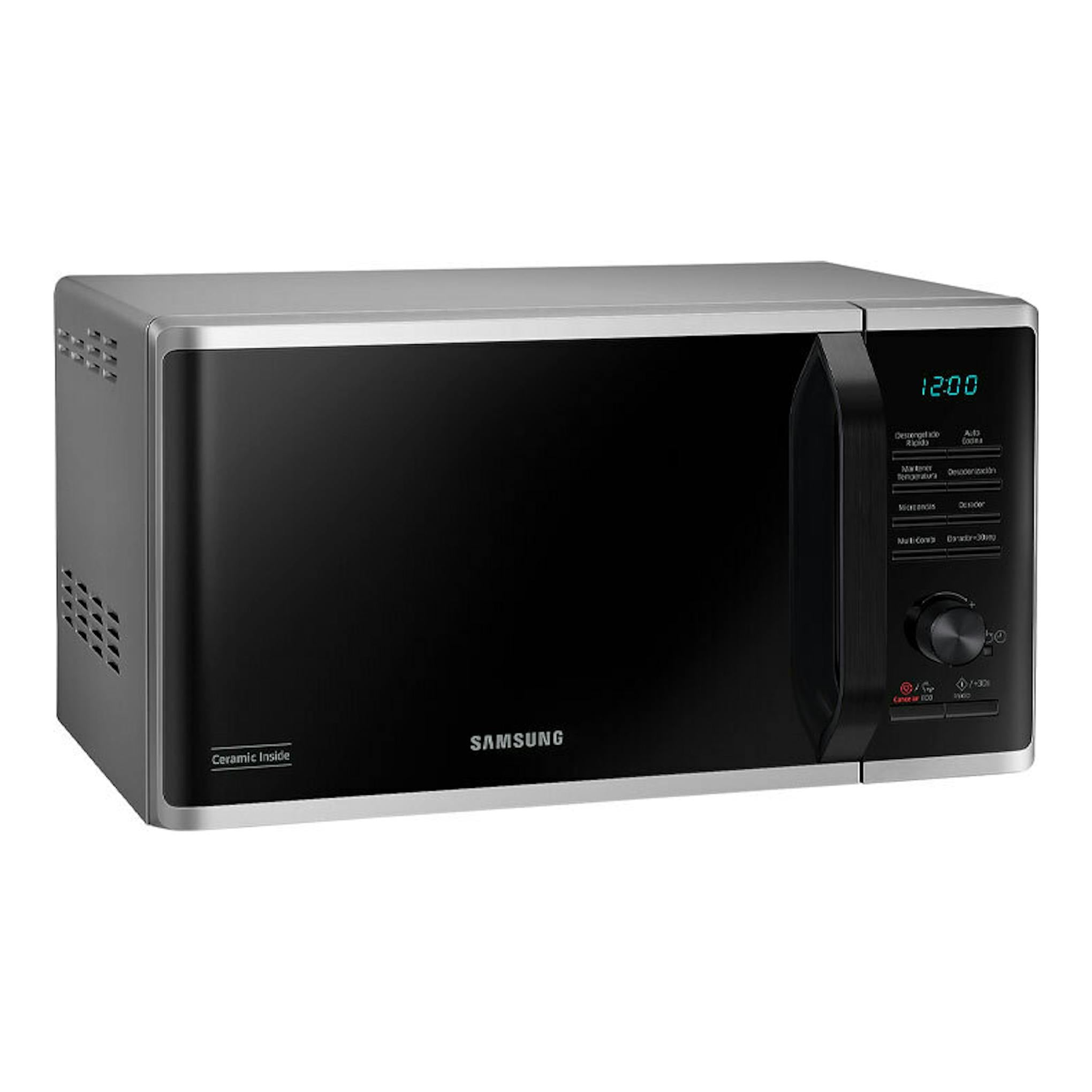 Microondas Samsung MG23K3515AS/EC inox, vista frontal en ángulo, puerta negra y panel de controles derecho.