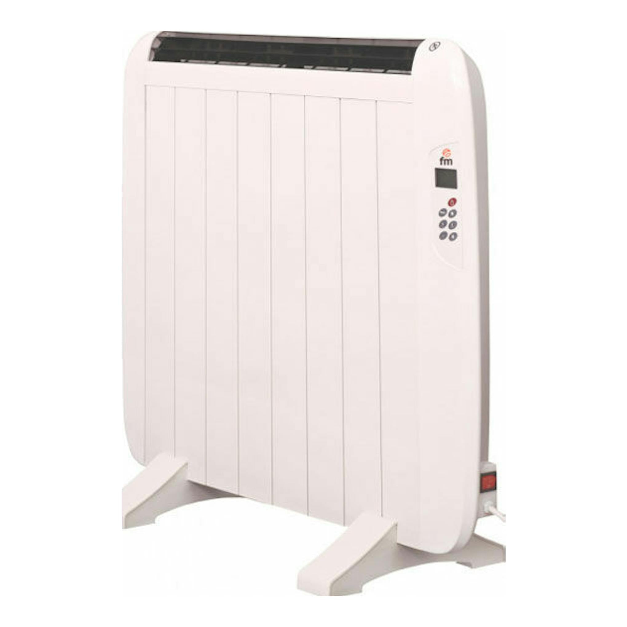 Ecoemisor FM DOMO1200, radiador eléctrico blanco de pie, vista frontal en ángulo, con panel lateral.