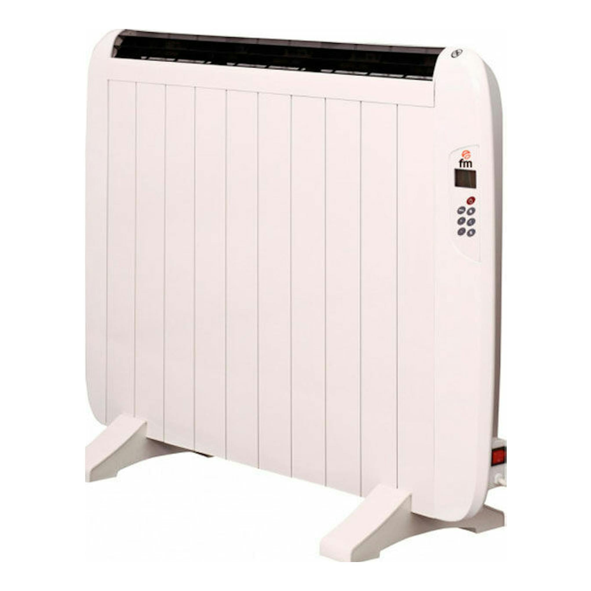 Ecoemisor FM DOMO1500 blanco, vista frontal en ángulo, con panel de control lateral y base.