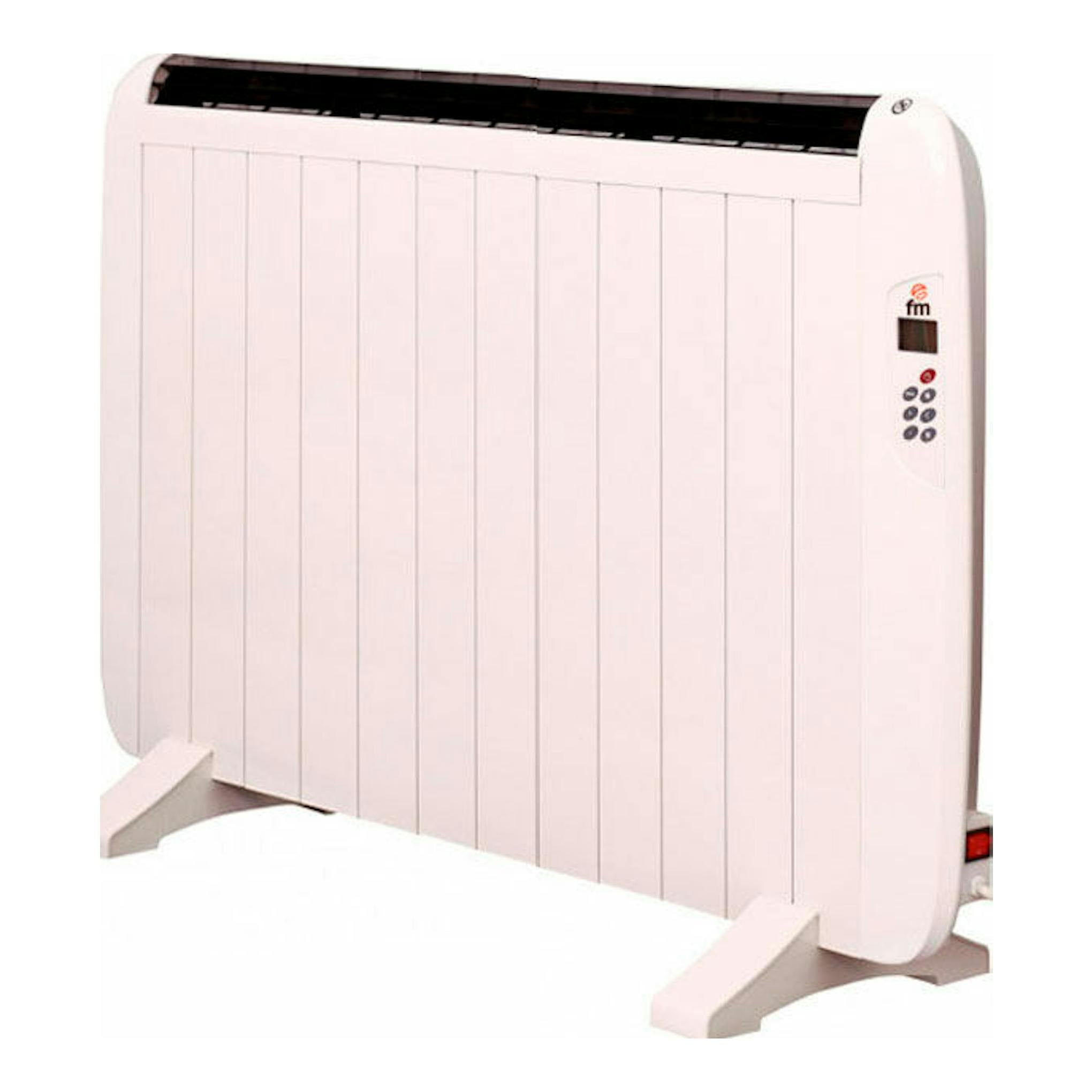 Ecoemisor FM DOMO1800, radiador eléctrico blanco en vista frontal tres cuartos, con panel digital lateral.
