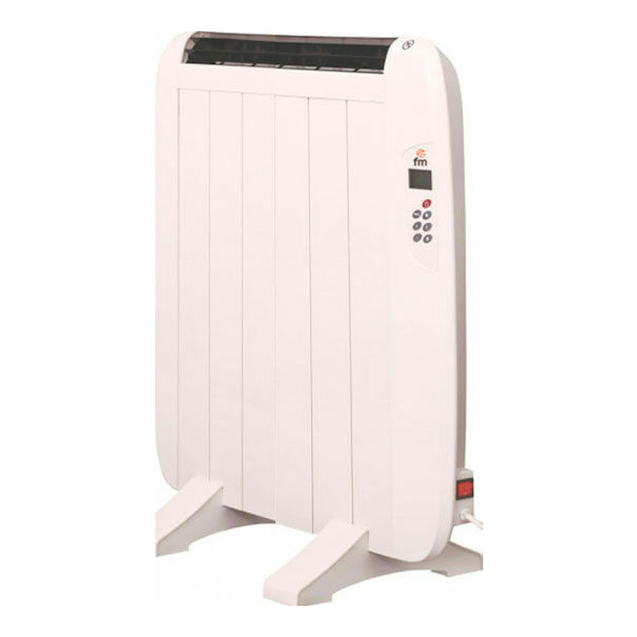 Ecoemisor FM DOMO900 blanco, vista frontal ligeramente lateral de un radiador eléctrico con panel de control.