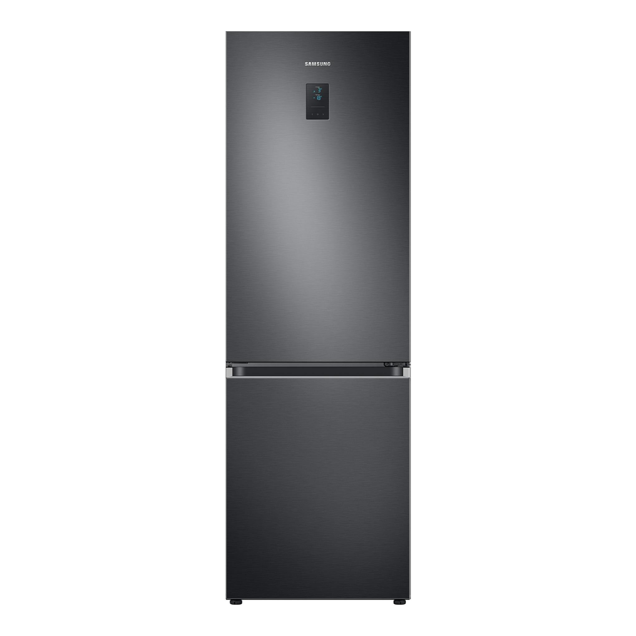 Frigorífico combi Samsung RB34C775CB1/EF, vista frontal, acabado gris oscuro con pantalla digital superior.