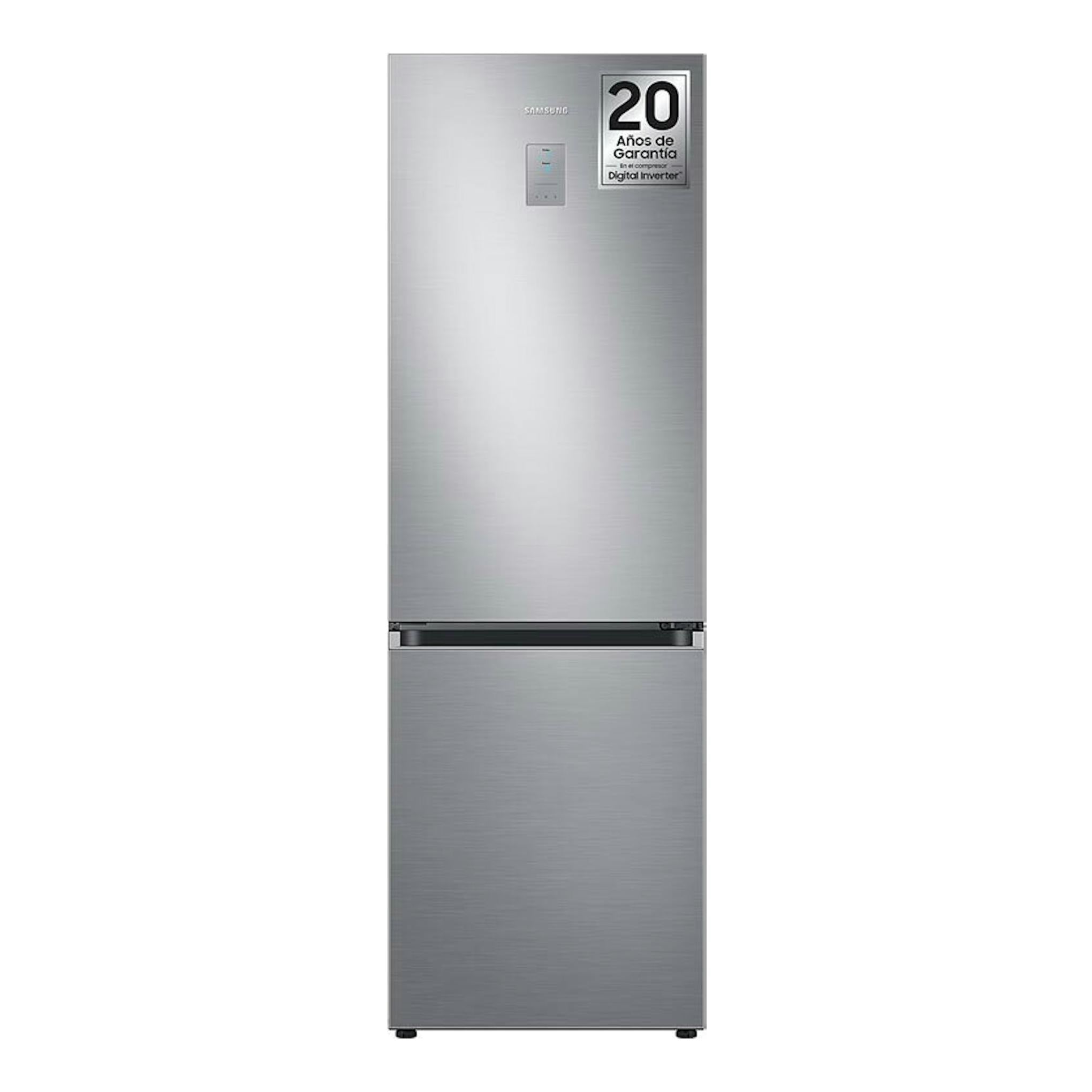 Frigorífico combi Samsung RB34C775CS9/EF color plata, vista frontal, con etiqueta de 20 años de garantía.