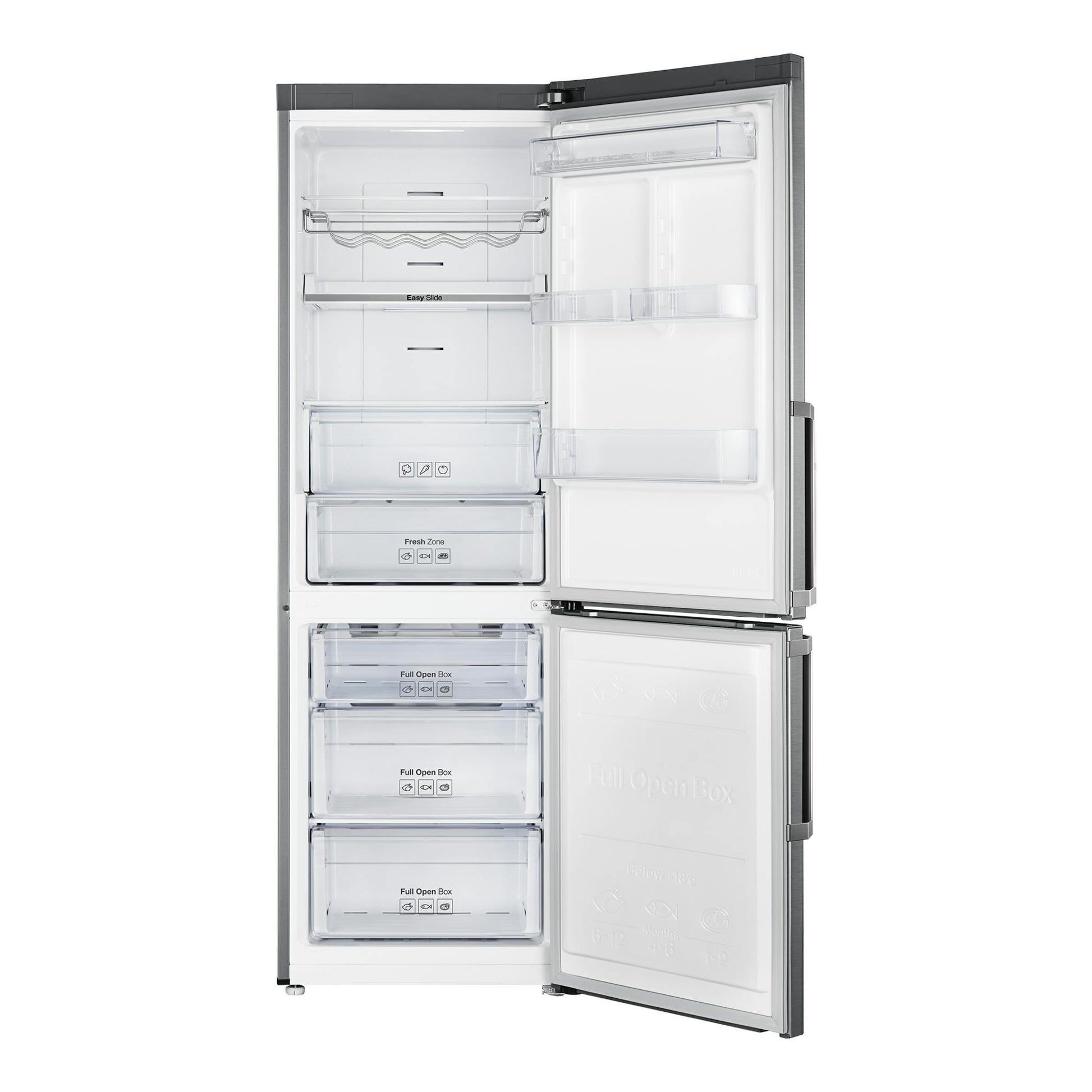 Frigorífico combi Samsung RB33J3315SA/EF abierto, vista frontal, color inox, con estantes y cajones interiores.