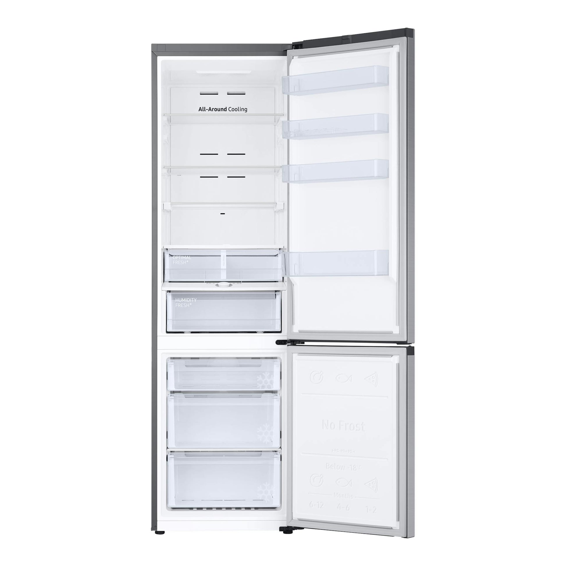 Frigorífico combi Samsung RB38C674CSA/EF, vista frontal con puertas abiertas e interior blanco.