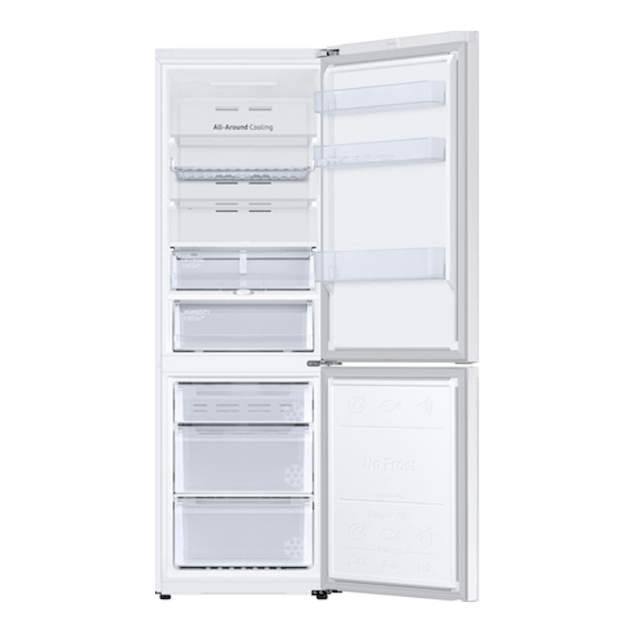 Frigorífico combi Samsung RB34C605CWW/EF blanco, con puertas abiertas, vista frontal.