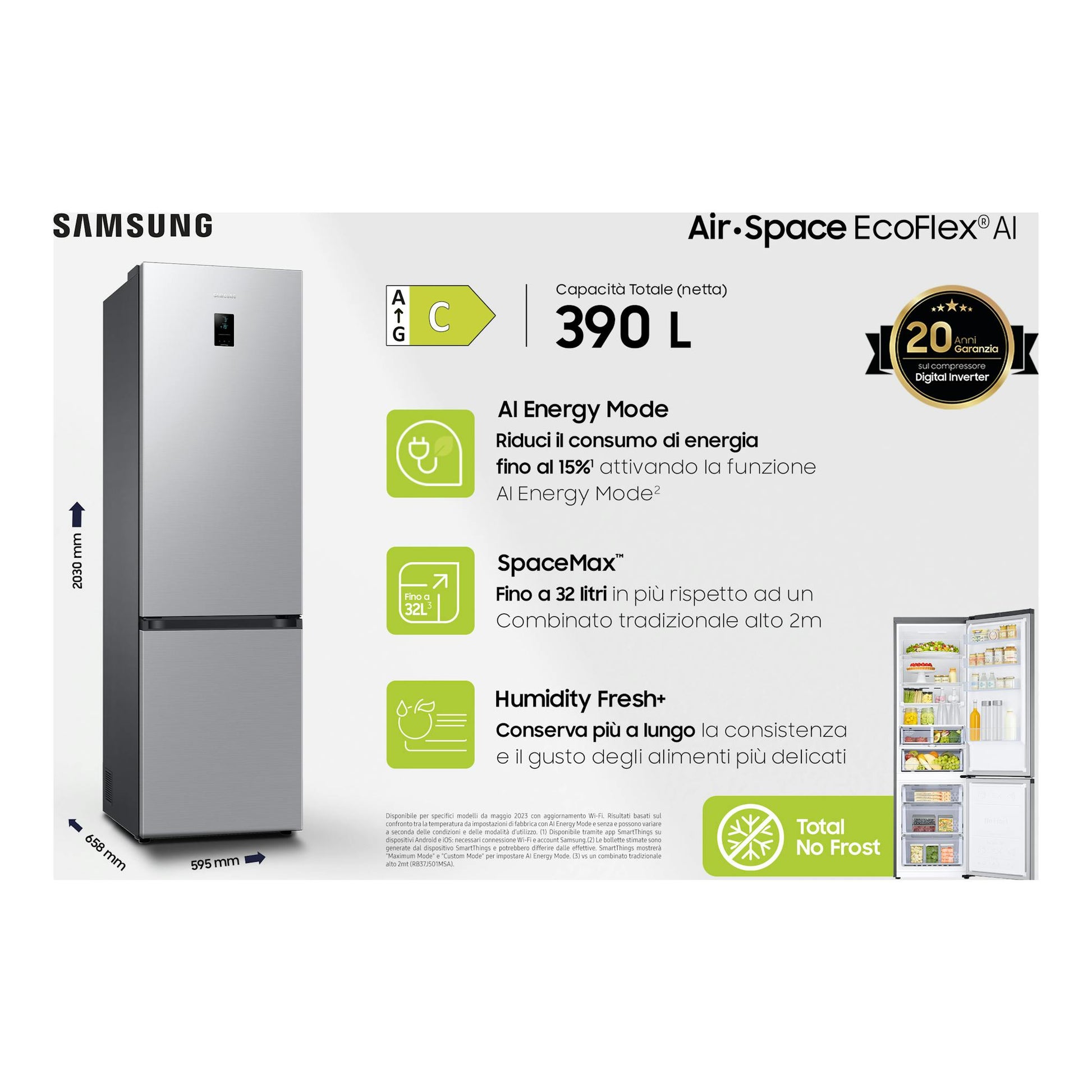 Frigorífico combi Samsung RB38C674CSA/EF, acero inoxidable, vista frontal, con display y dos puertas, No Frost.