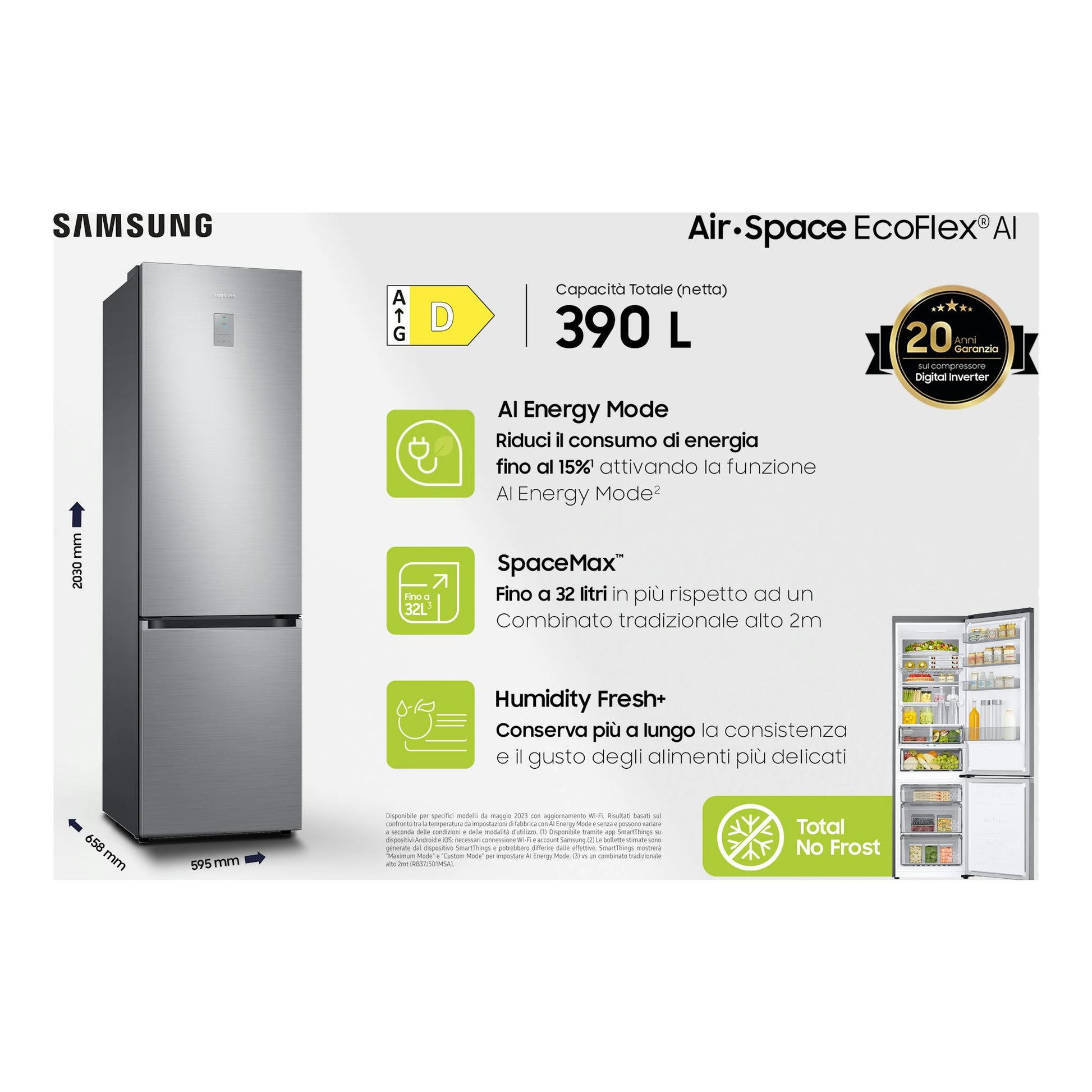 Frigorífico combi Samsung RB38C776DS9/EF inox, vista frontal, de dos puertas y congelador inferior.
