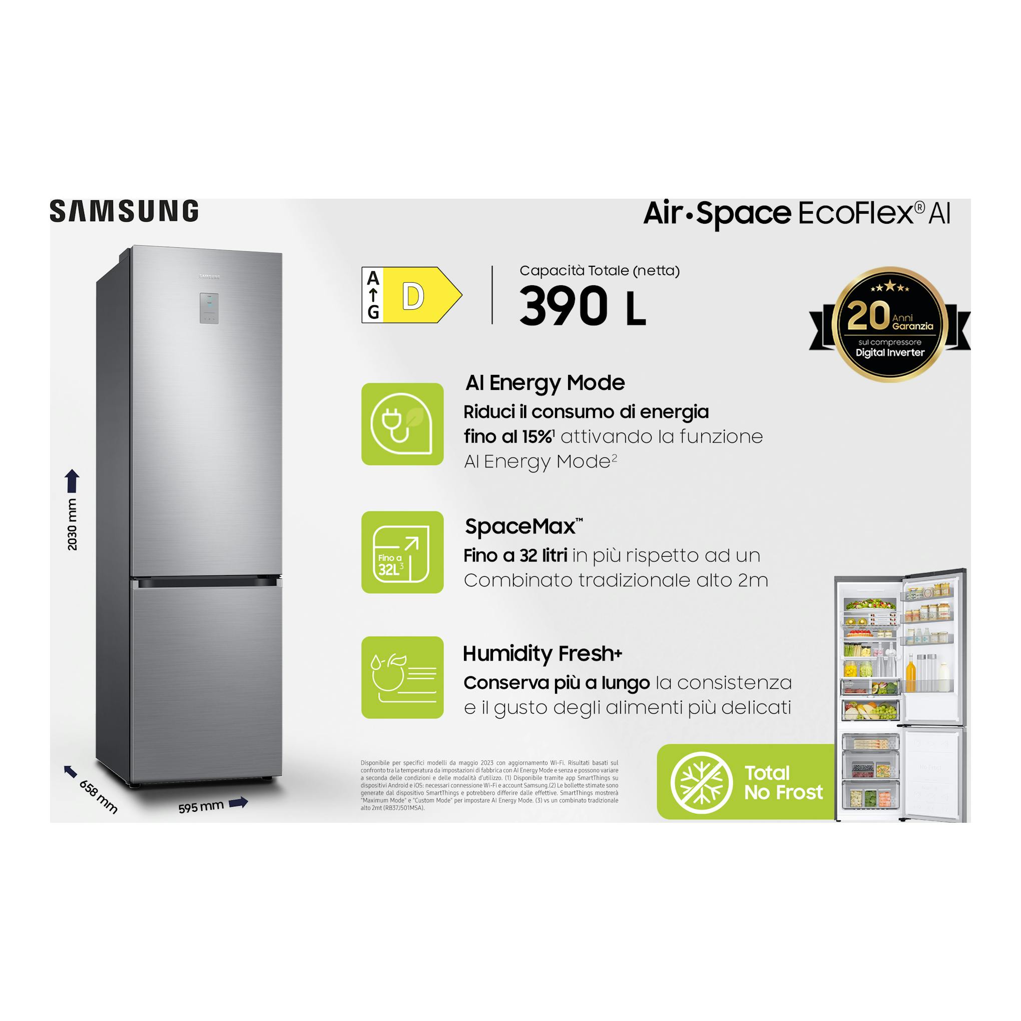 Frigorífico combi Samsung RB38C776DS9/EF inox, vista frontal, de dos puertas y congelador inferior.