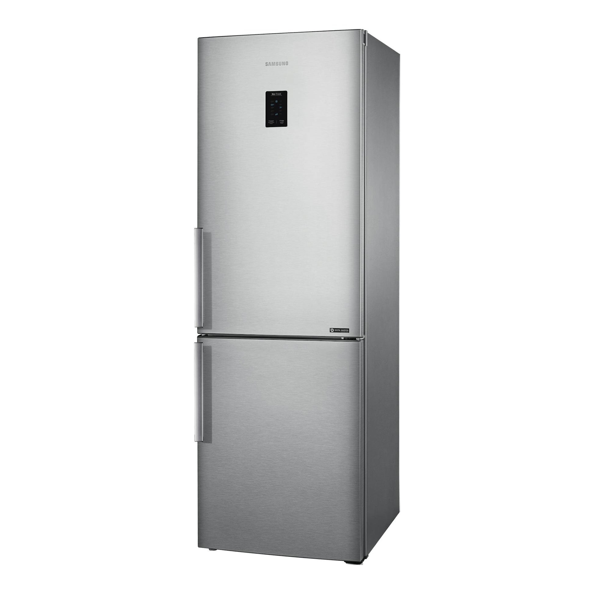 Frigorífico combi Samsung RB33J3315SA/EF plateado, vista frontal ligeramente lateral derecha.