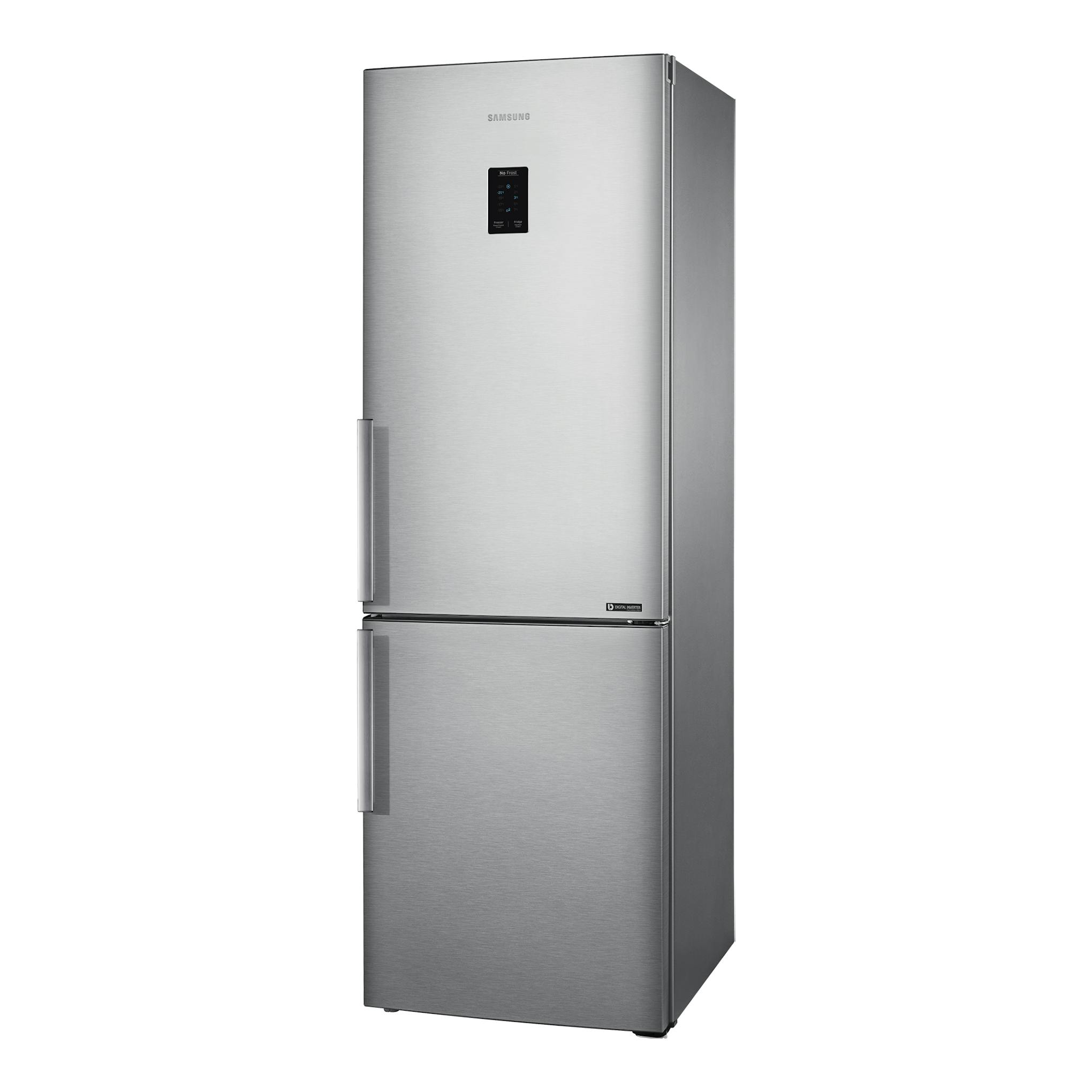 Frigorífico combi Samsung RB33J3315SA/EF plateado, vista frontal ligeramente lateral derecha.