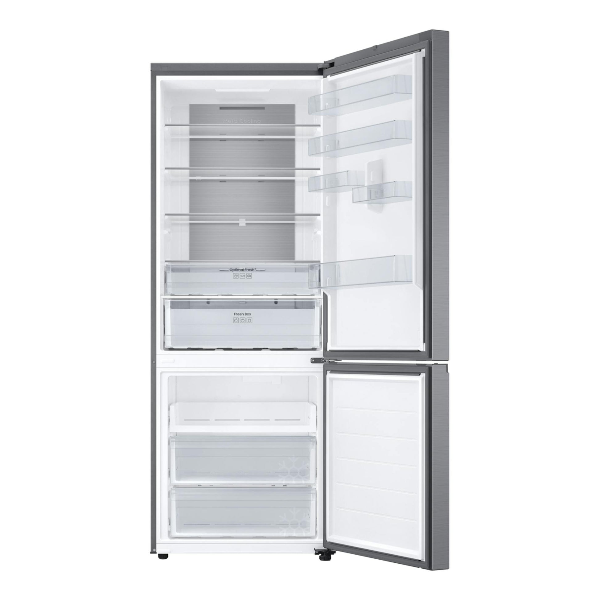 Frigorífico combi Samsung RB53DG703ES9/EF en inox, vista frontal con puertas abiertas.