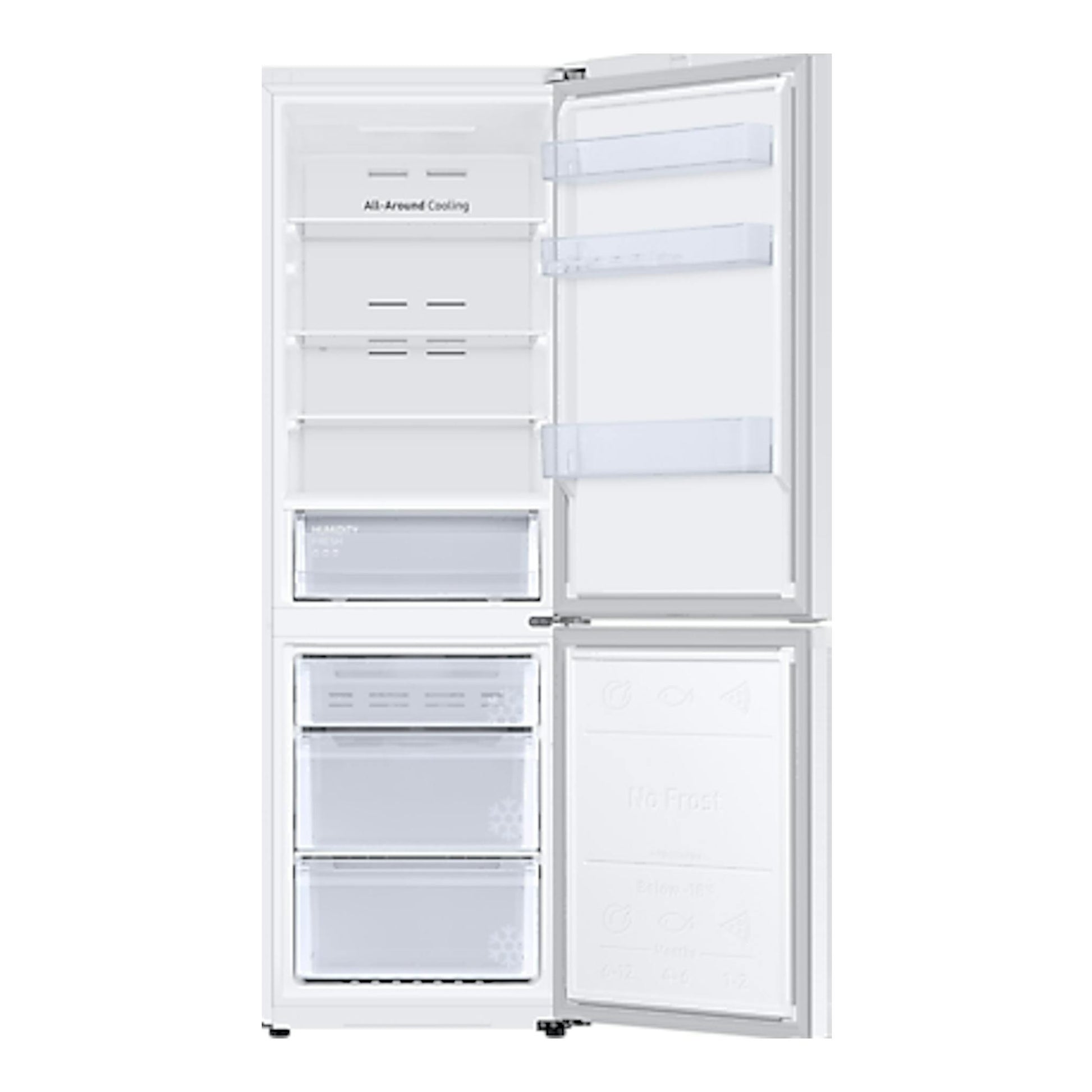 Frigorífico combi Samsung RB34C600CWW/EF blanco, vista frontal con puertas abiertas.