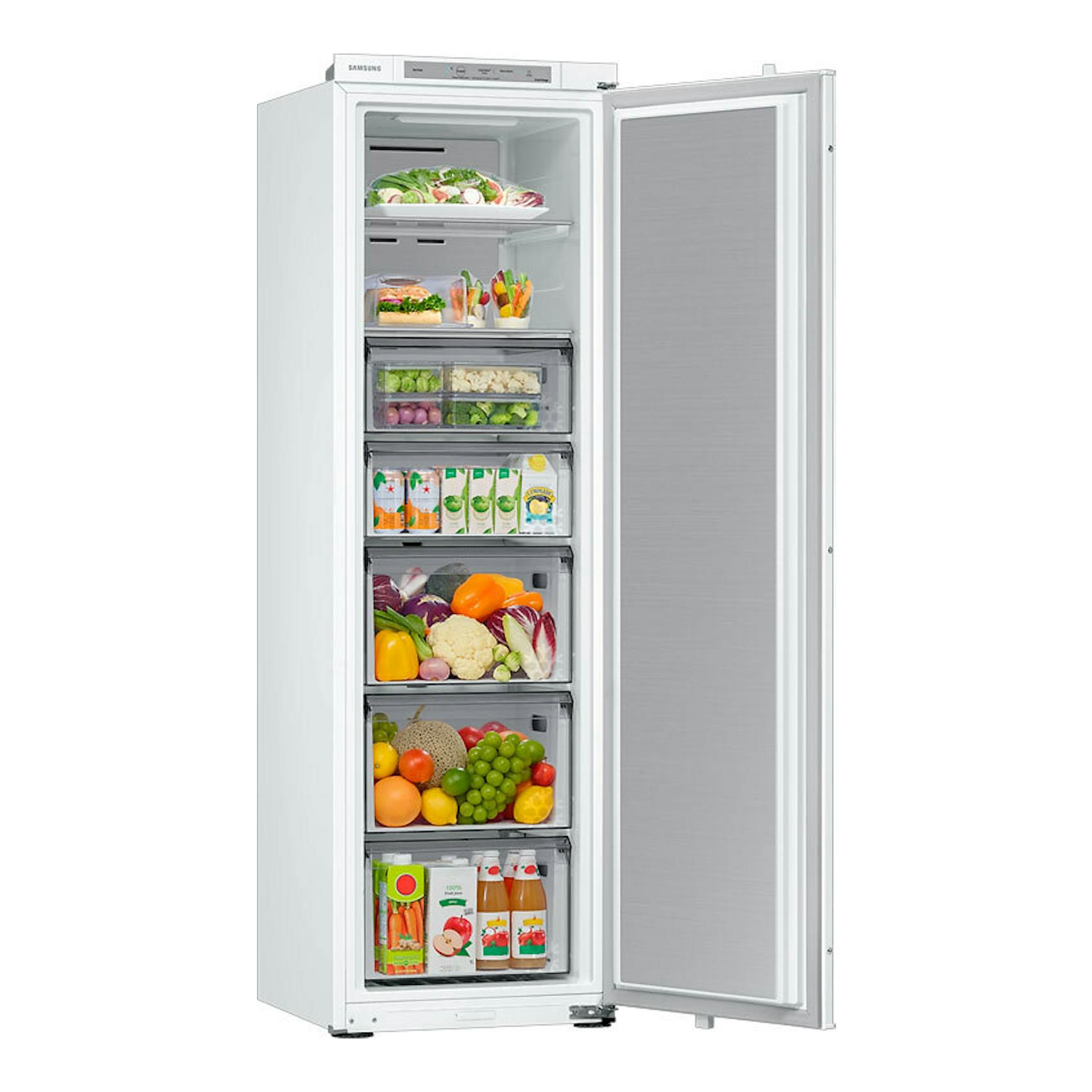 Congelador integrable Samsung BRZ22700EWW/EF en vista frontal, puerta abierta, acabado blanco.